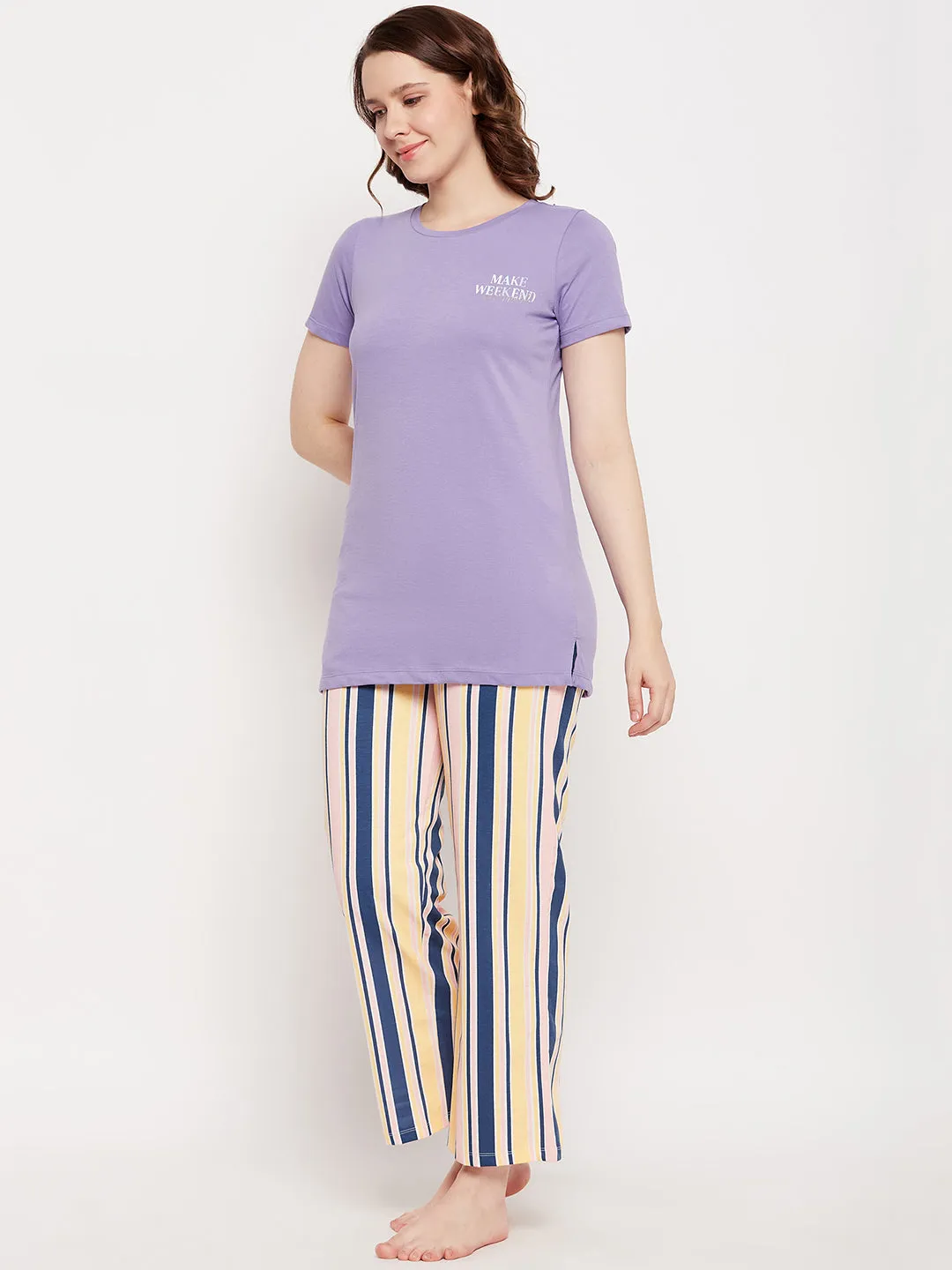 mSECRET Merchant Purple Striped Full Length  Nightsuit