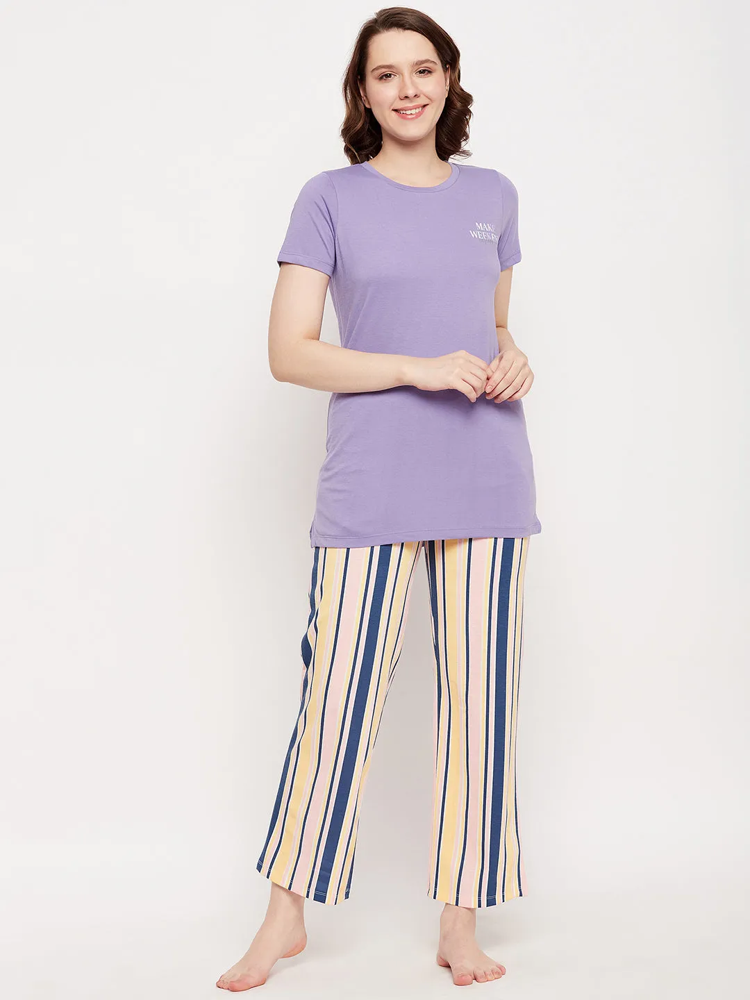 mSECRET Merchant Purple Striped Full Length  Nightsuit