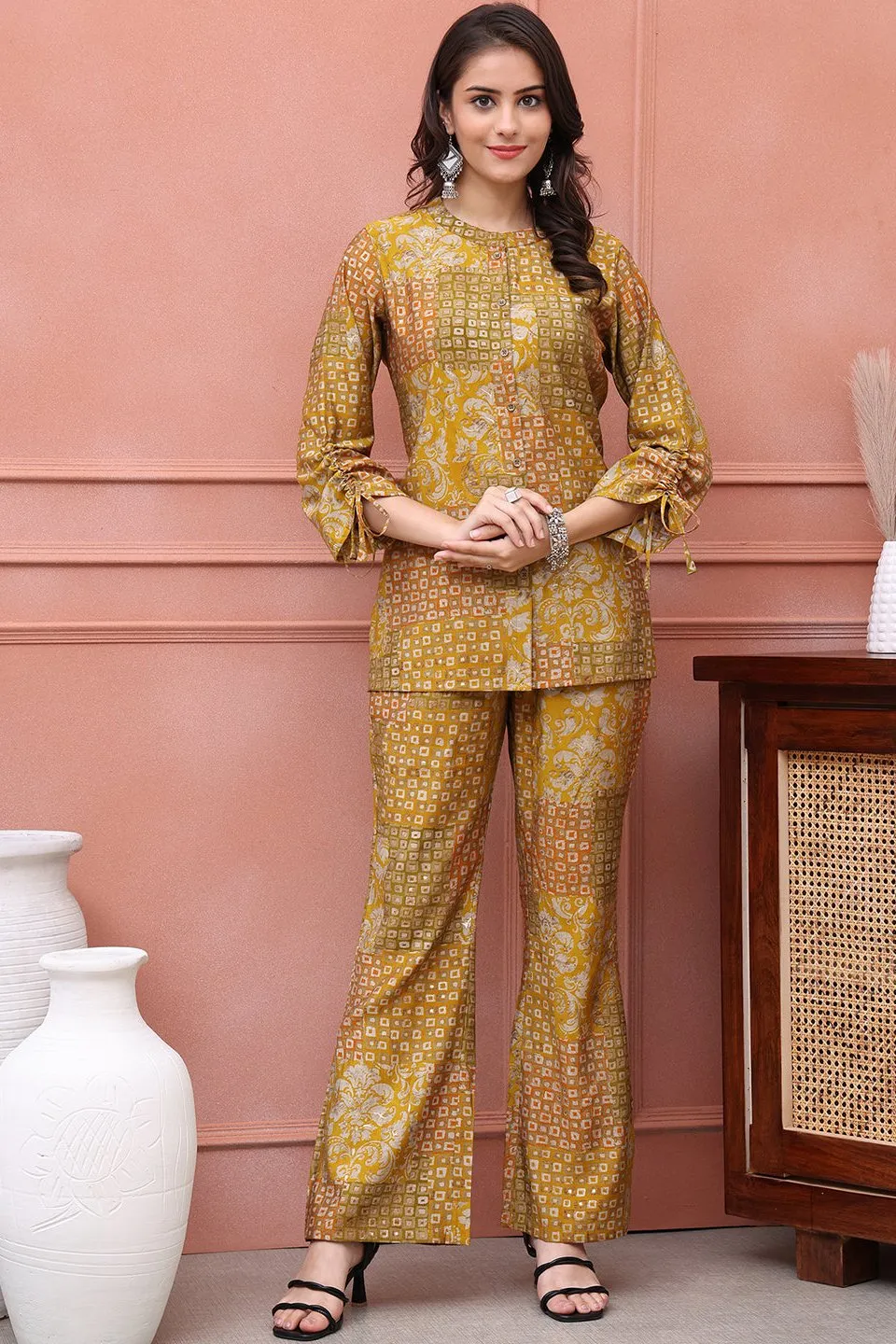 Mustard Abstract Printed Premium Chanderi Co-Ord Set for Women | S-3XL | Claura