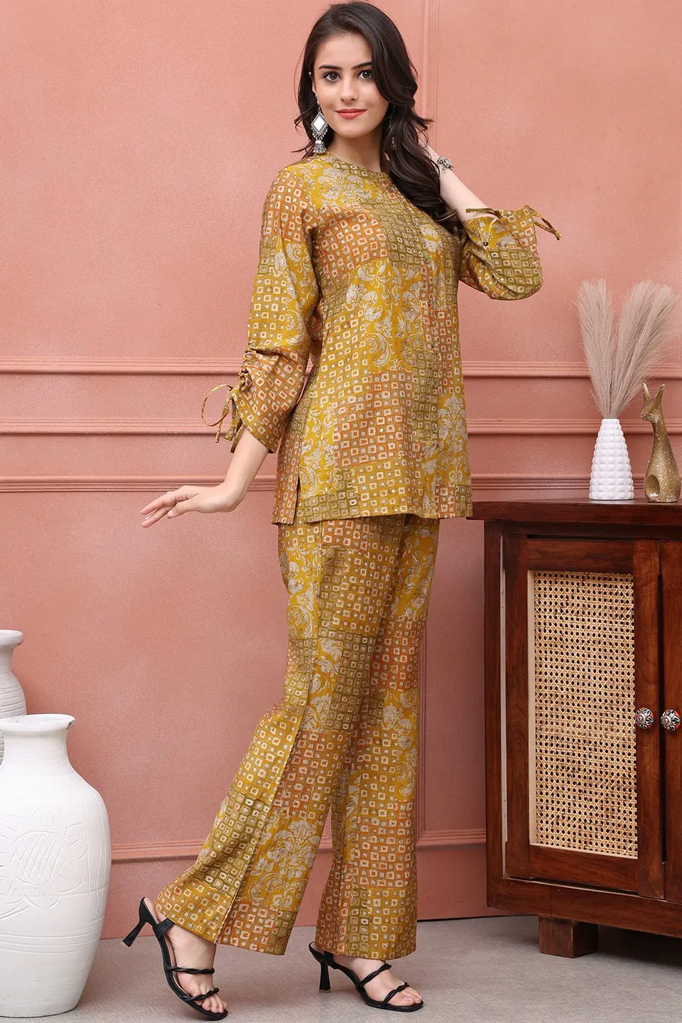 Mustard Abstract Printed Premium Chanderi Co-Ord Set for Women | S-3XL | Claura