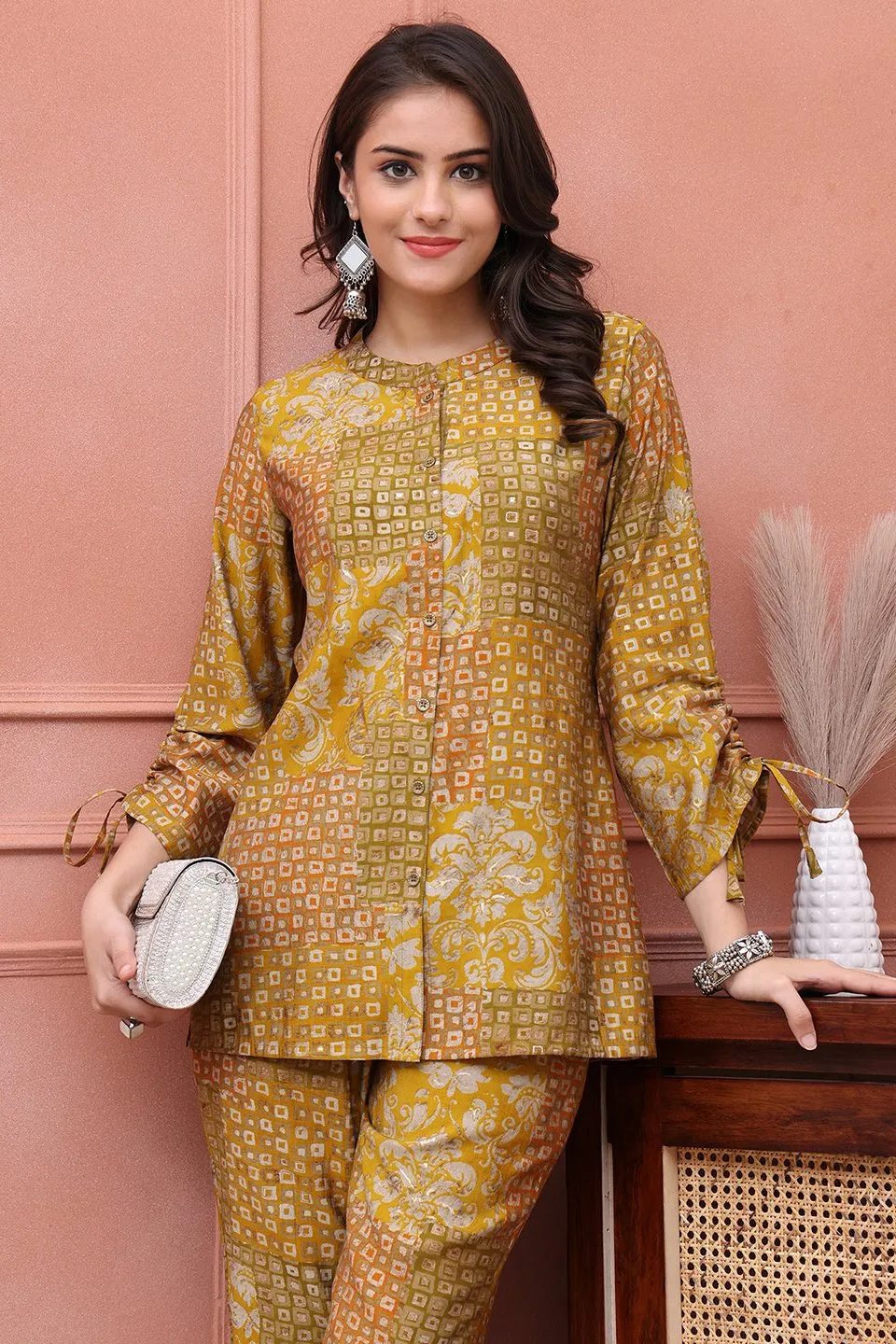 Mustard Abstract Printed Premium Chanderi Co-Ord Set for Women | S-3XL | Claura