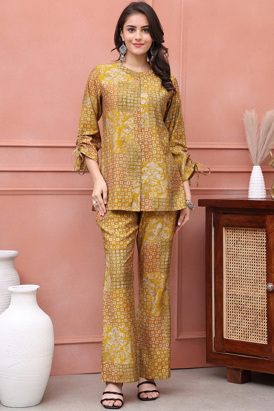Mustard Abstract Printed Premium Chanderi Co-Ord Set for Women | S-3XL | Claura