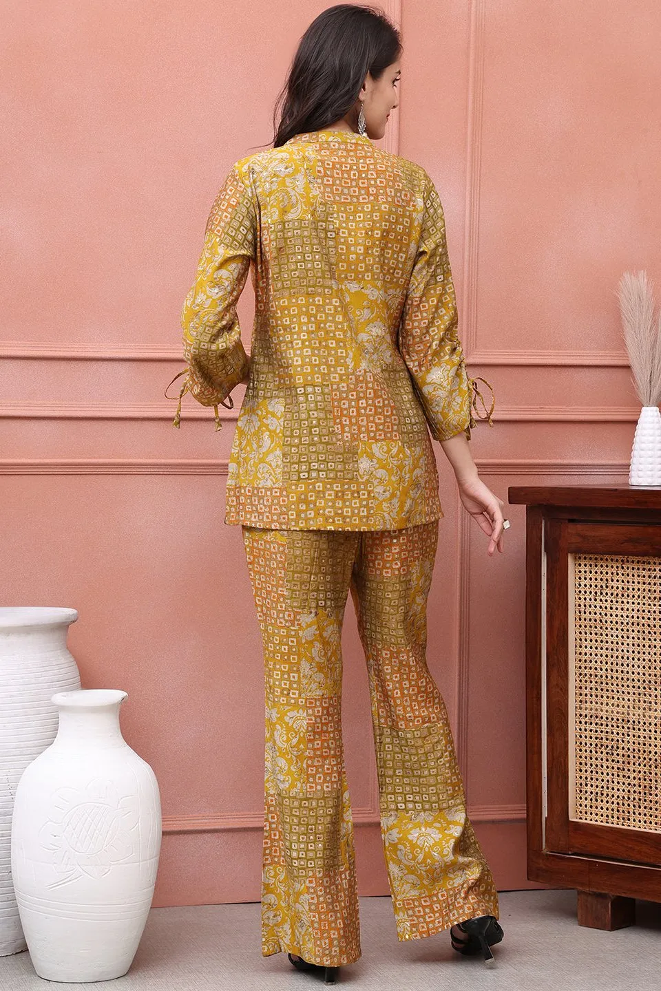 Mustard Abstract Printed Premium Chanderi Co-Ord Set for Women | S-3XL | Claura