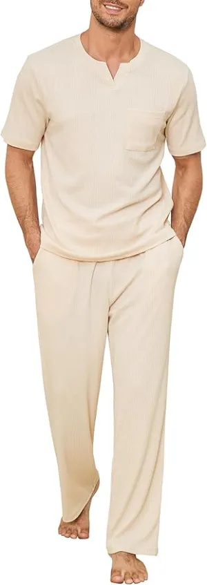 Myclawshirts Men Lounge Set Comfy Sleepwear Short Sleeve Pjs Set Soft 2 Piece Pajama Cozy Nightwear