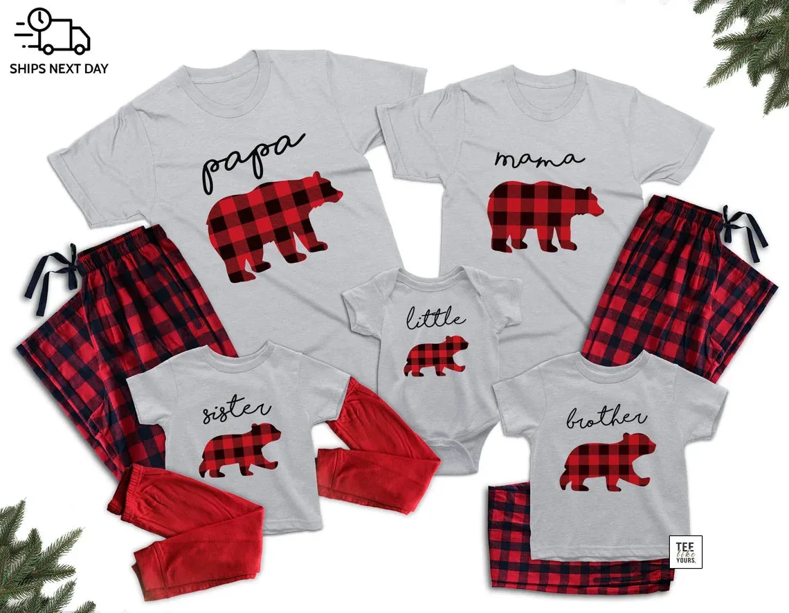 Papa Bear Pajamas, Mama Bear Pajamas, baby Christmas pajamas - matching family Christmas pajamas set with Buffalo Plaid Pants