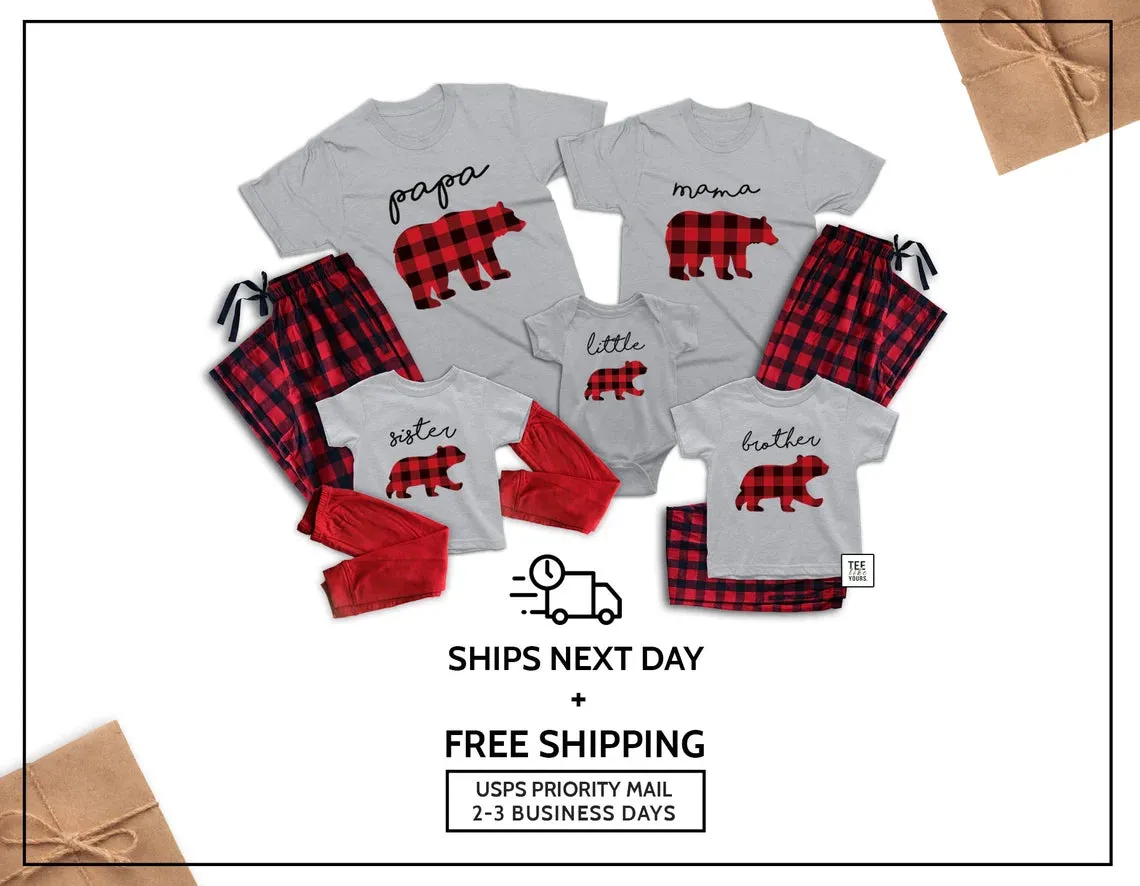 Papa Bear Pajamas, Mama Bear Pajamas, baby Christmas pajamas - matching family Christmas pajamas set with Buffalo Plaid Pants