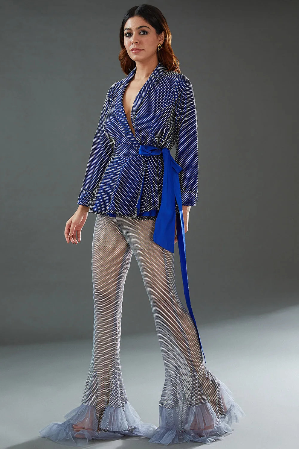 Peplum Top Blue In Mesh & Taffeta