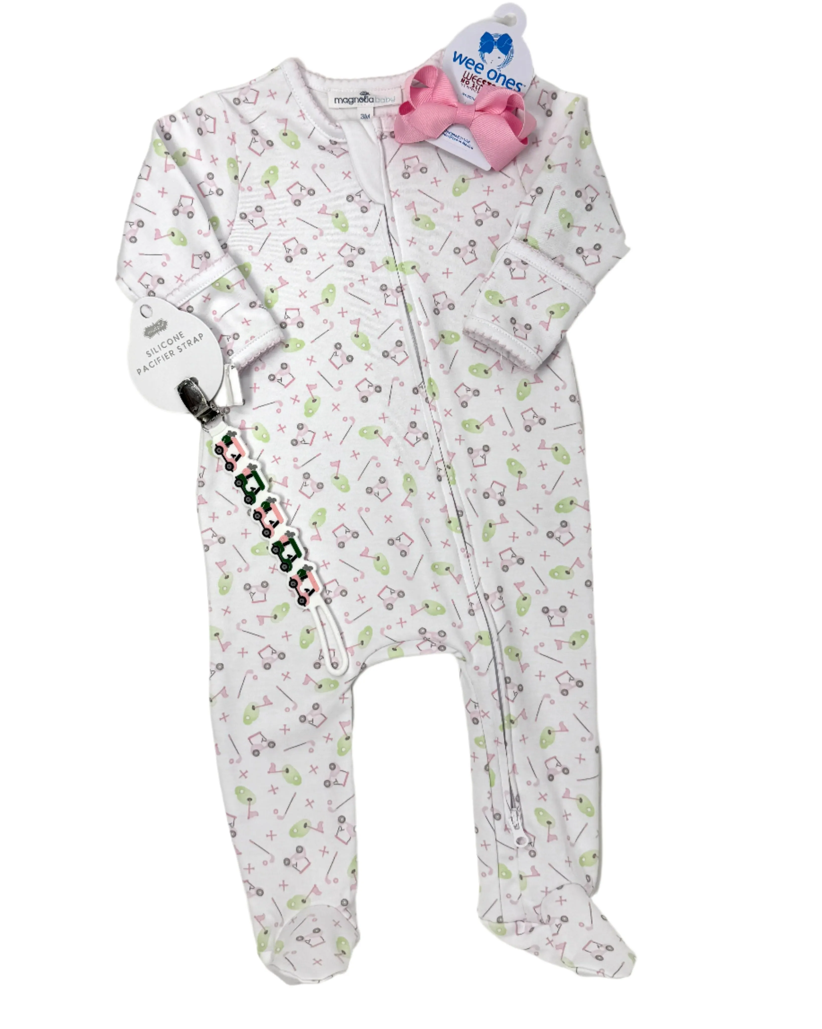 Pink Printed Tee Time Zipper Footie
