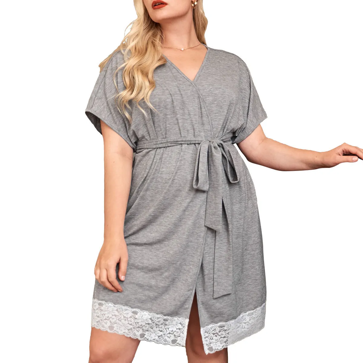 Plus Size Ladies' Homewear Pajamas Lace Loose Cotton Short Sleeve Bathrobe Home Leisure Nightgown