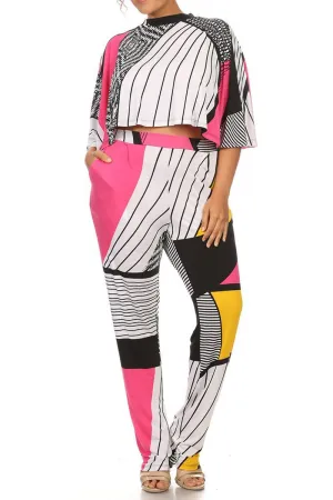 Plus Size Print 2 Piece Top And Pants Set Relaxed Style