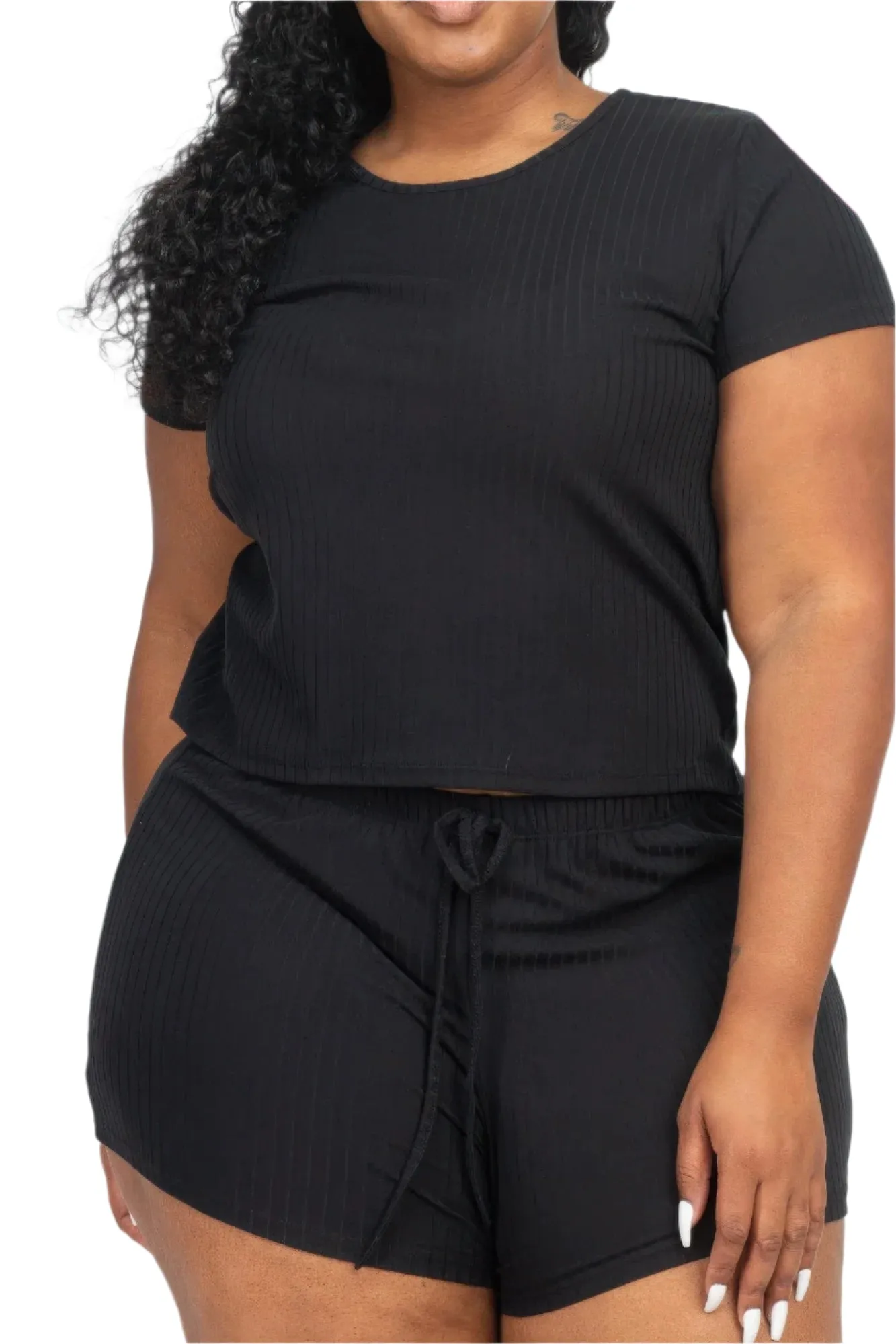 Plus Size Ribbed Short Sleeve Top & Shorts Set