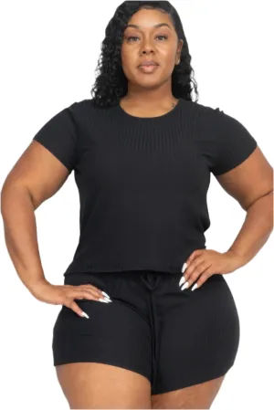 Plus Size Ribbed Short Sleeve Top & Shorts Set