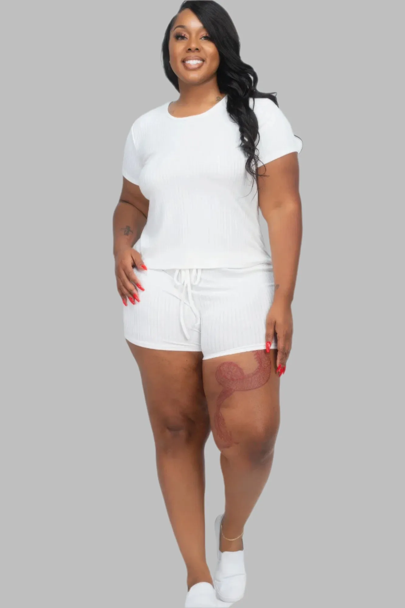 Plus Size Ribbed Short Sleeve Top & Shorts Set