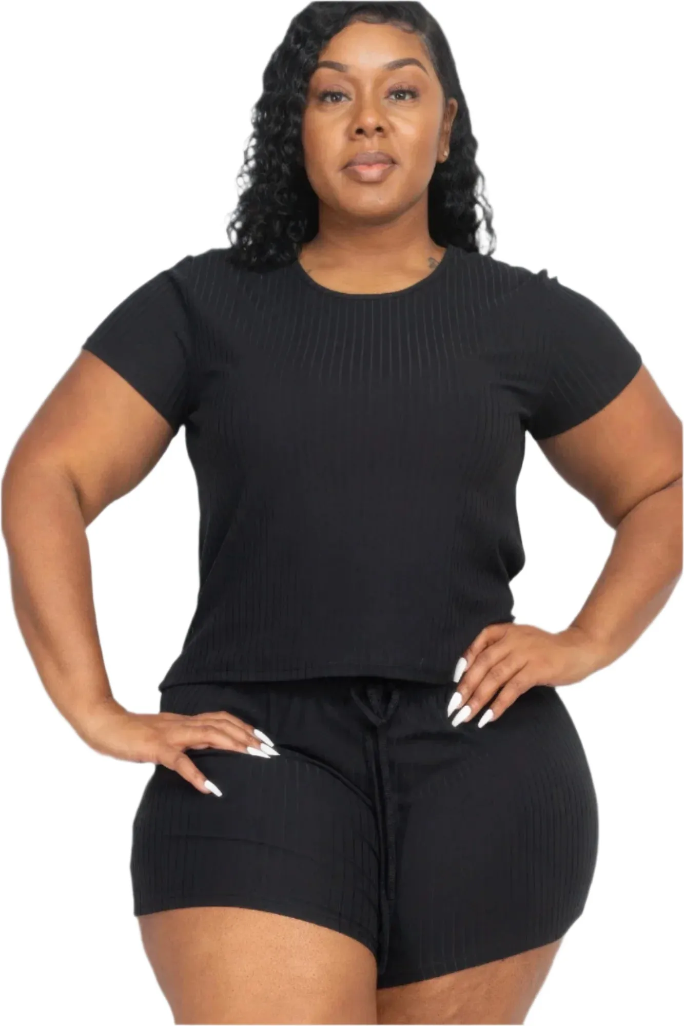 Plus Size Ribbed Short Sleeve Top & Shorts Set