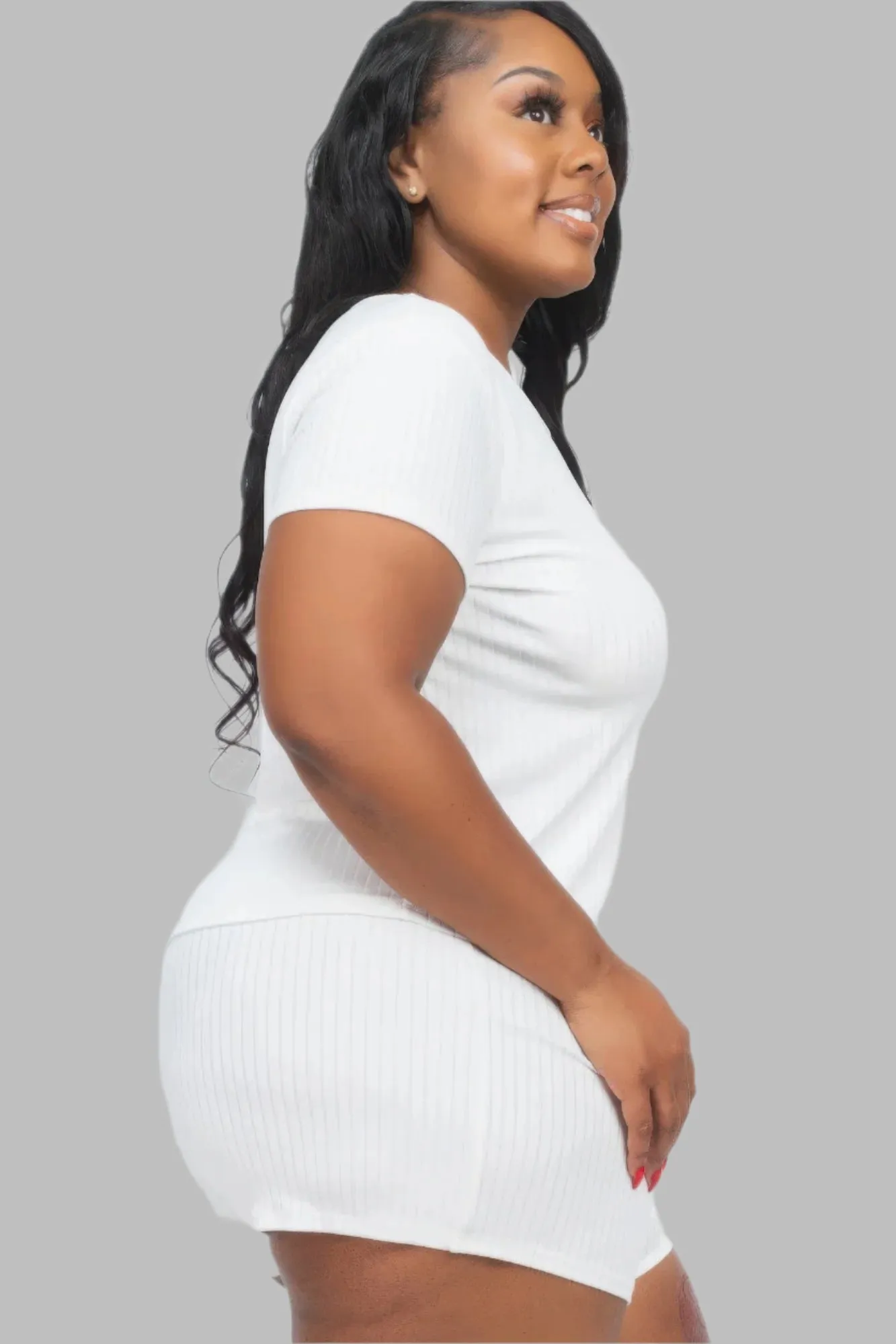 Plus Size Ribbed Short Sleeve Top & Shorts Set