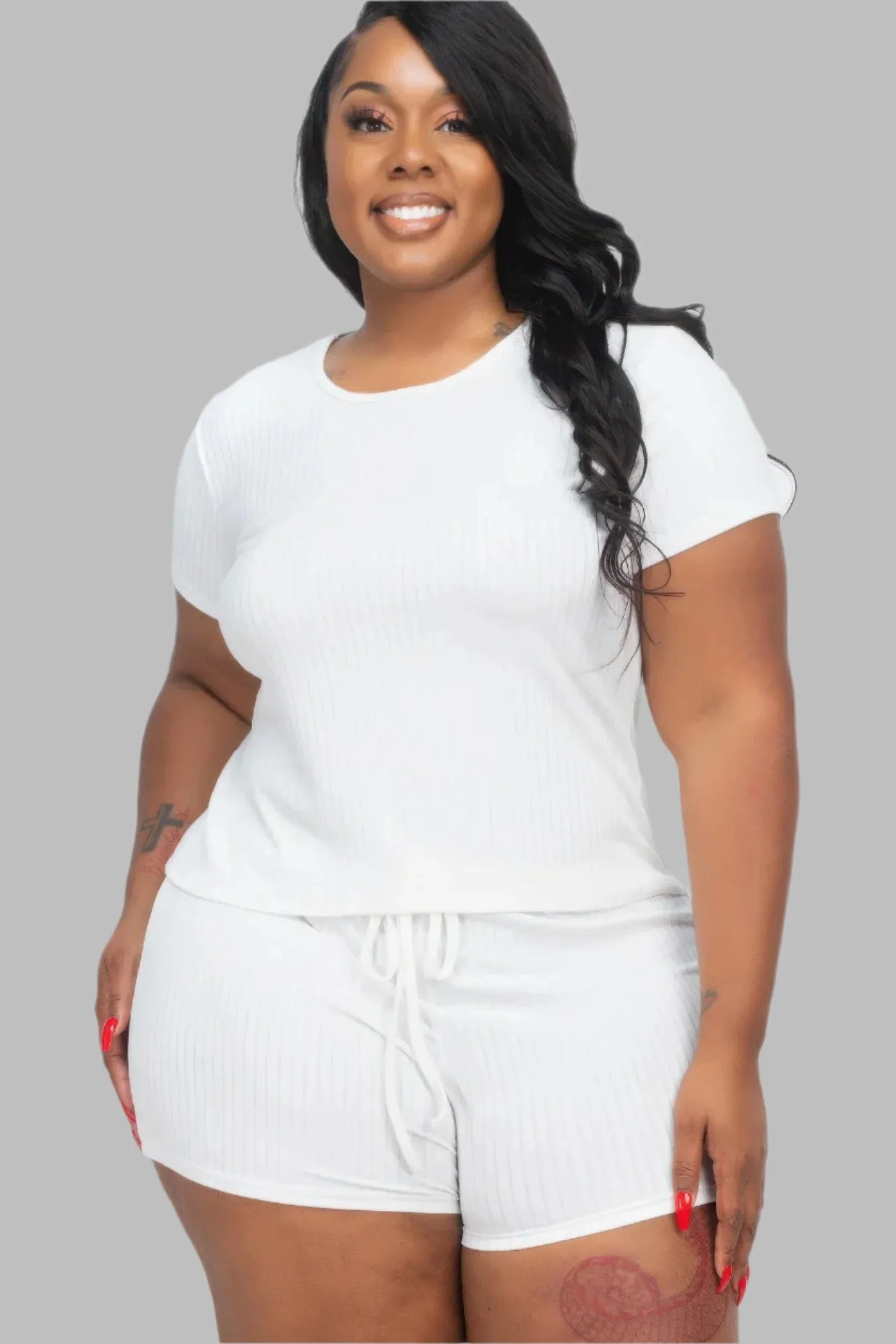 Plus Size Ribbed Short Sleeve Top & Shorts Set