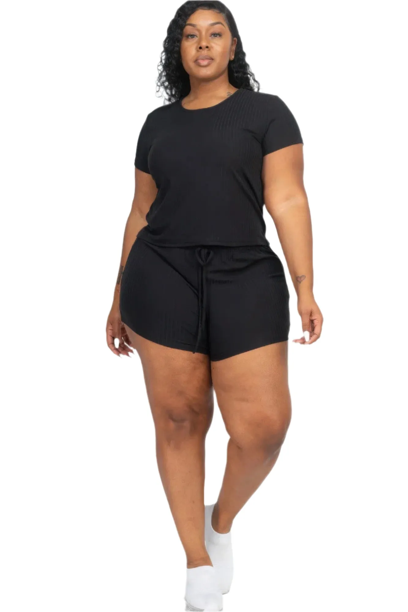Plus Size Ribbed Short Sleeve Top & Shorts Set