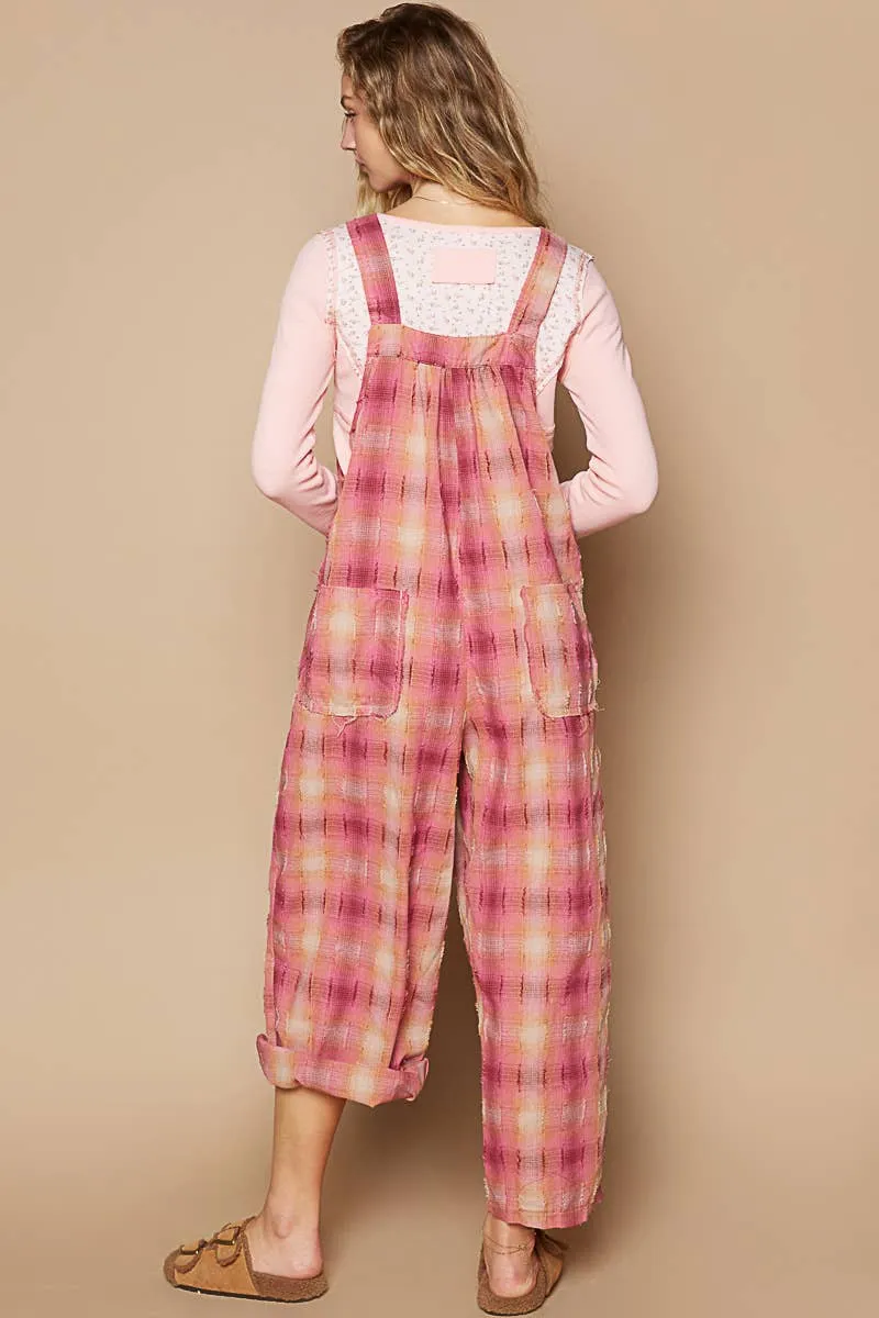 Pol Jersey plaid woven overall knit pants: Red Multi