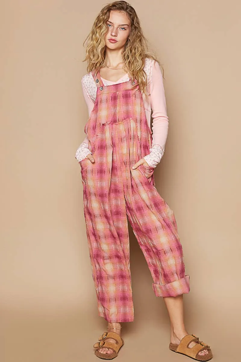 Pol Jersey plaid woven overall knit pants: Red Multi