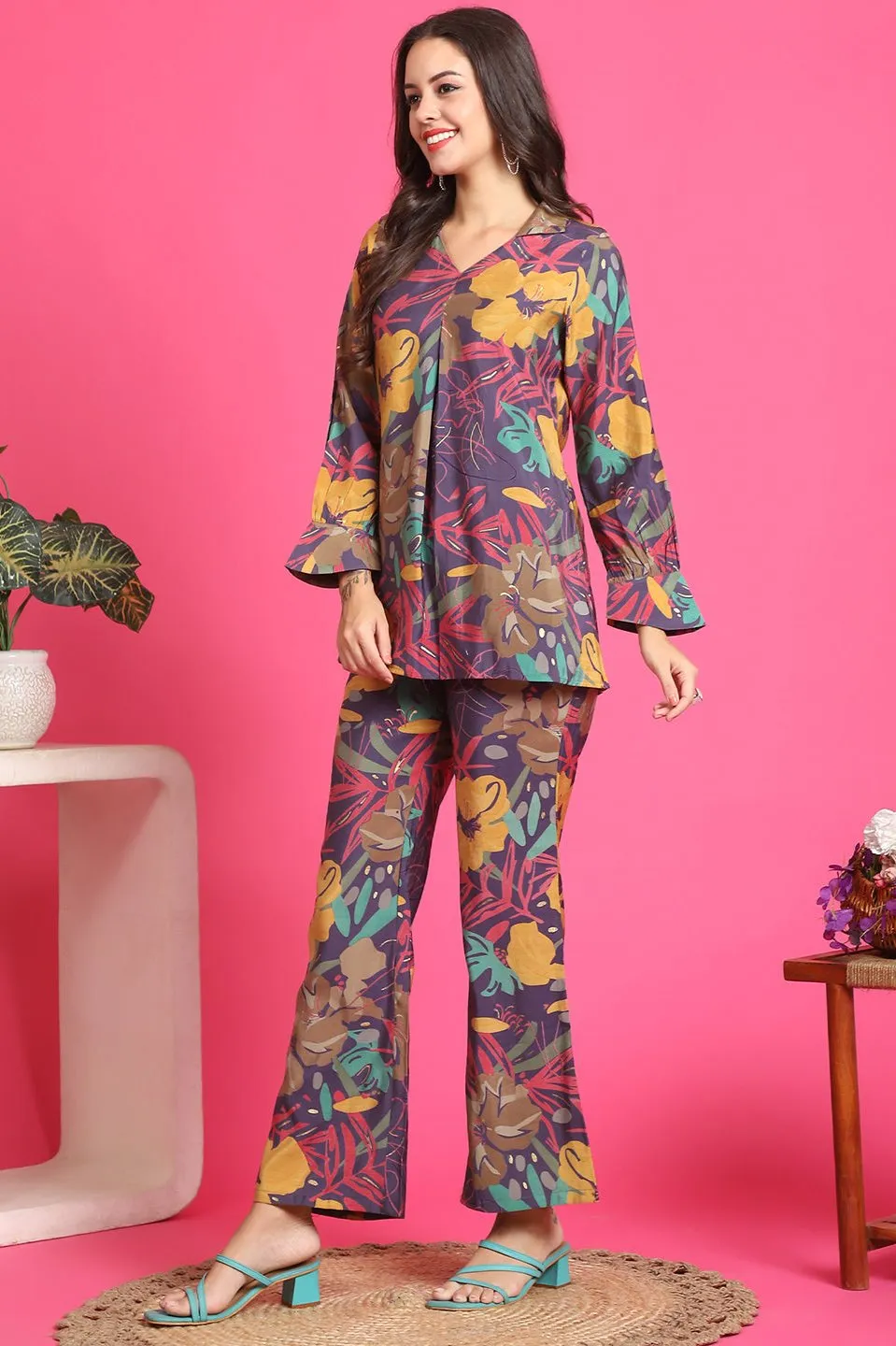 Purple Abstract Printed Premium Chanderi Co-Ord Set for Women | S-3XL | Claura