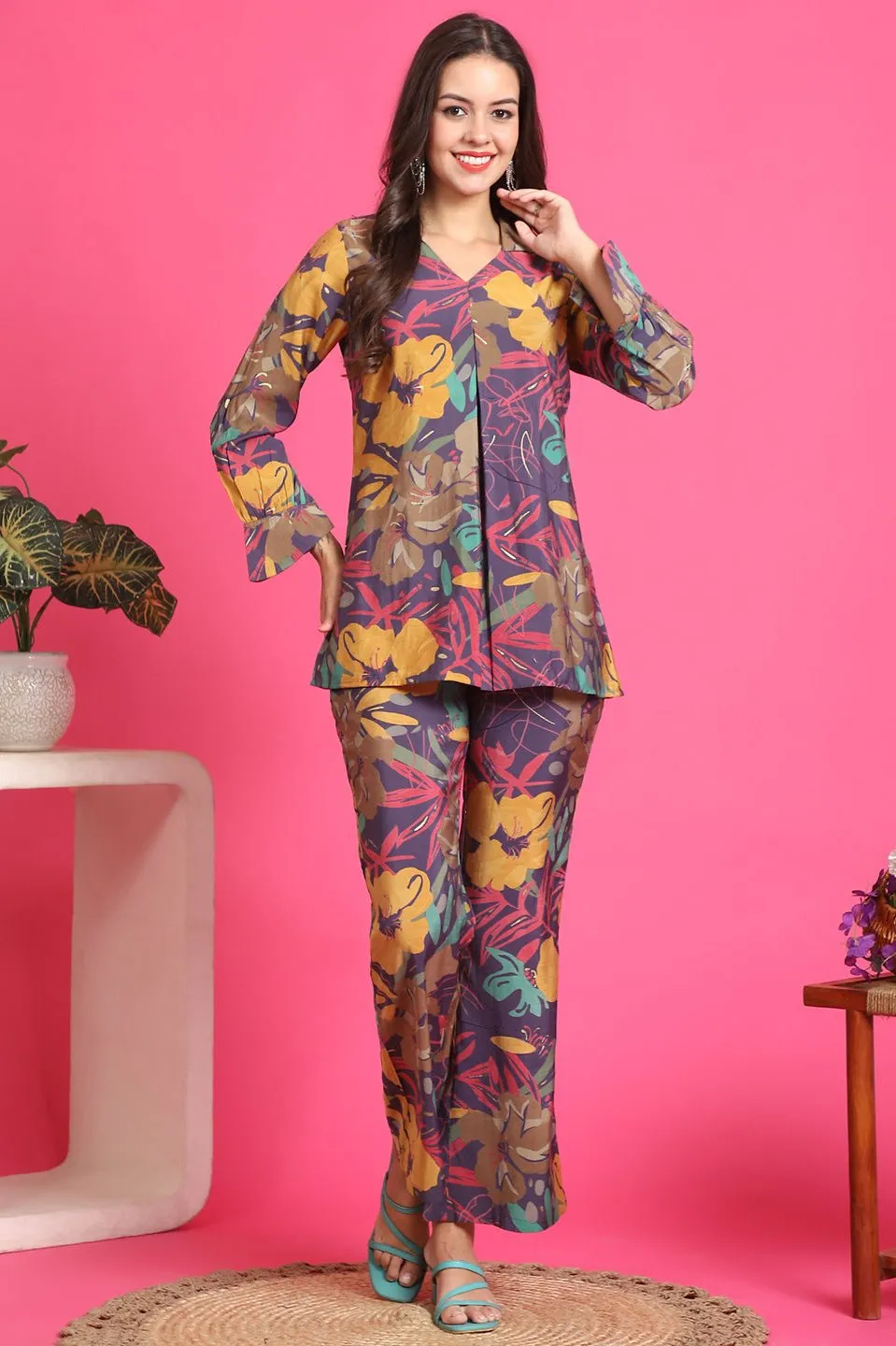 Purple Abstract Printed Premium Chanderi Co-Ord Set for Women | S-3XL | Claura
