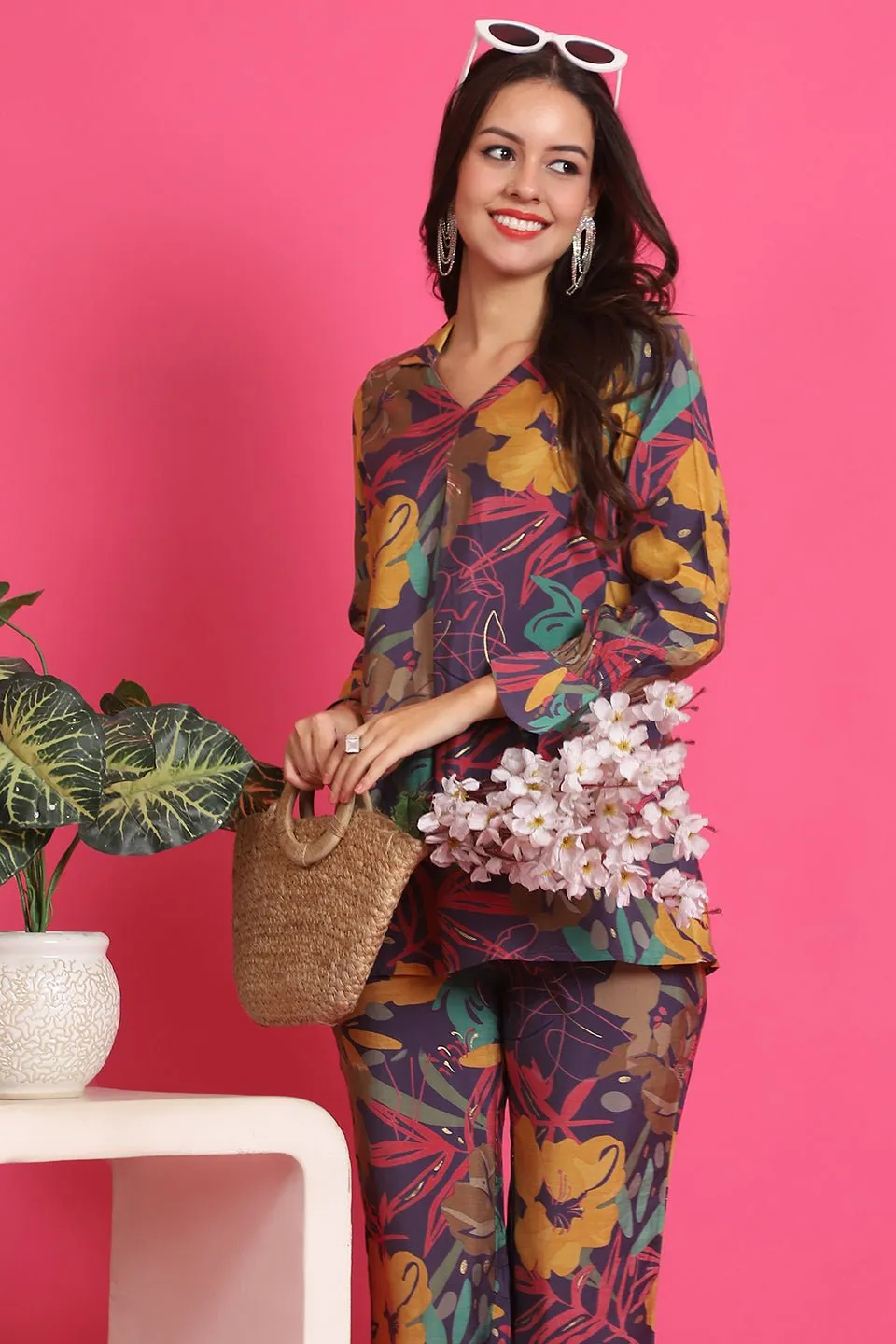Purple Abstract Printed Premium Chanderi Co-Ord Set for Women | S-3XL | Claura
