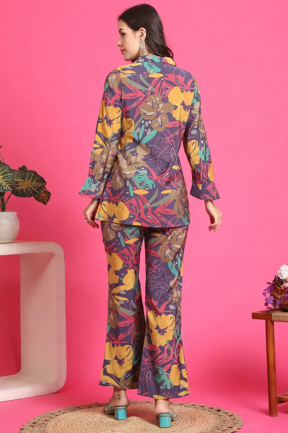 Purple Abstract Printed Premium Chanderi Co-Ord Set for Women | S-3XL | Claura