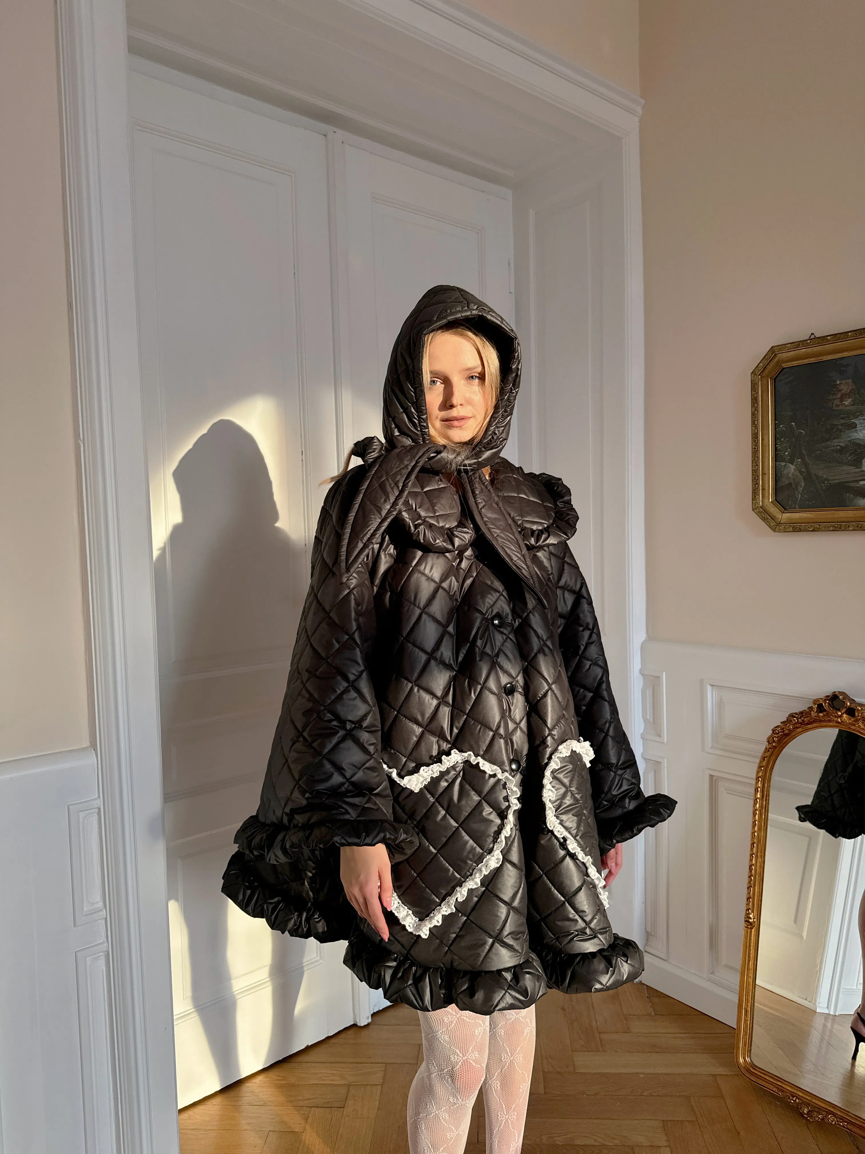 Ruffle Oversized Raincoat in black