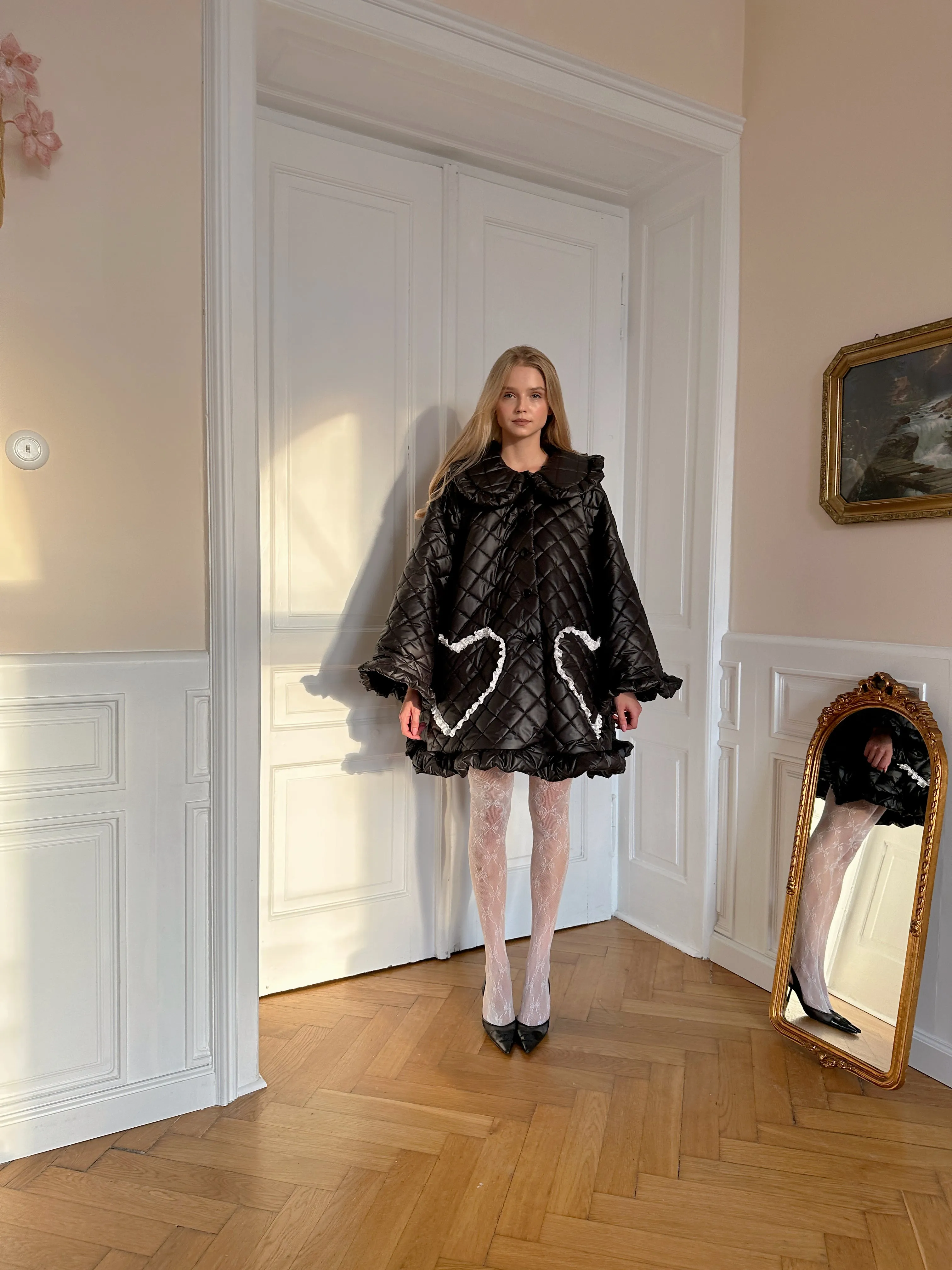 Ruffle Oversized Raincoat in black