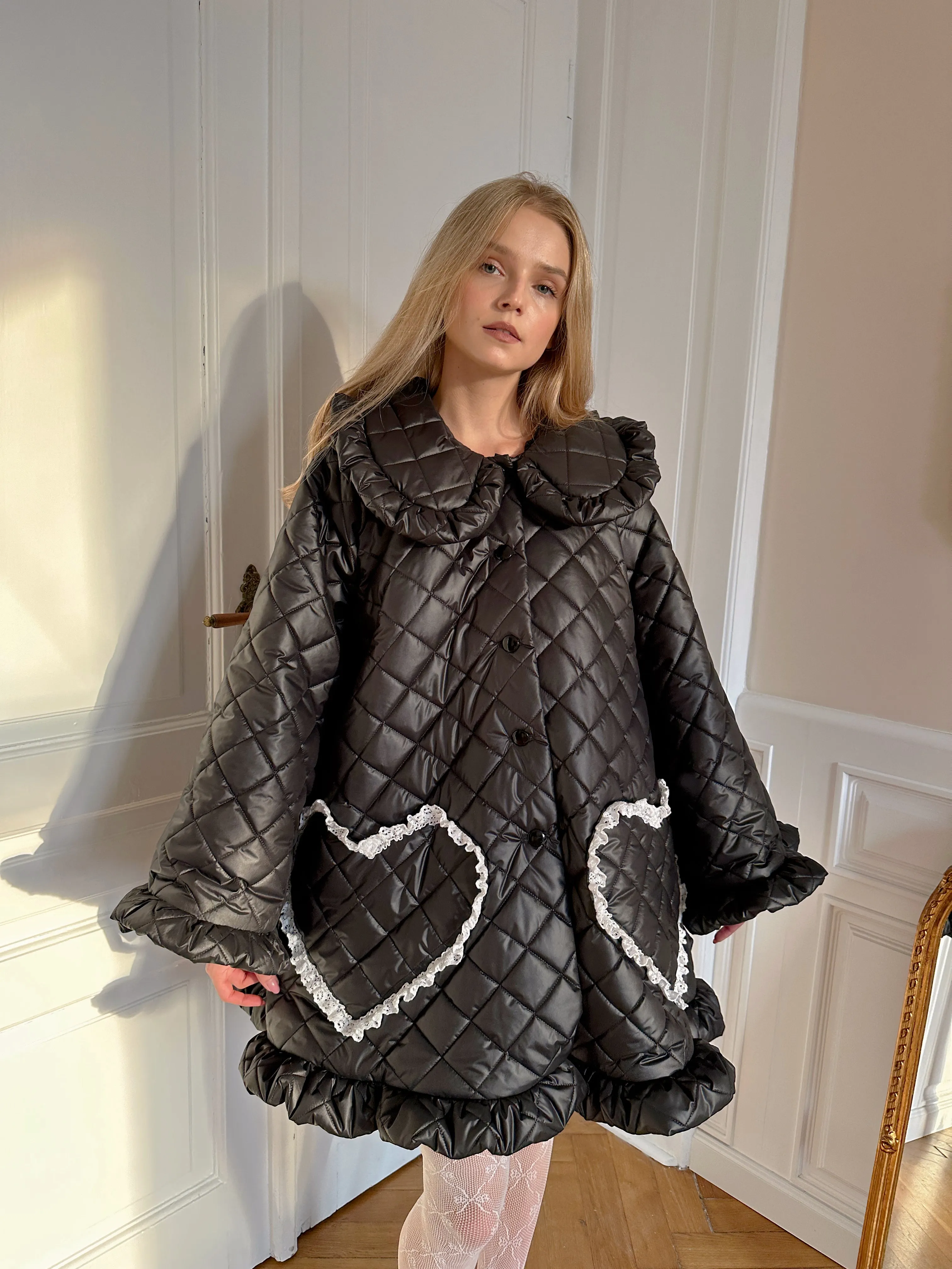 Ruffle Oversized Raincoat in black