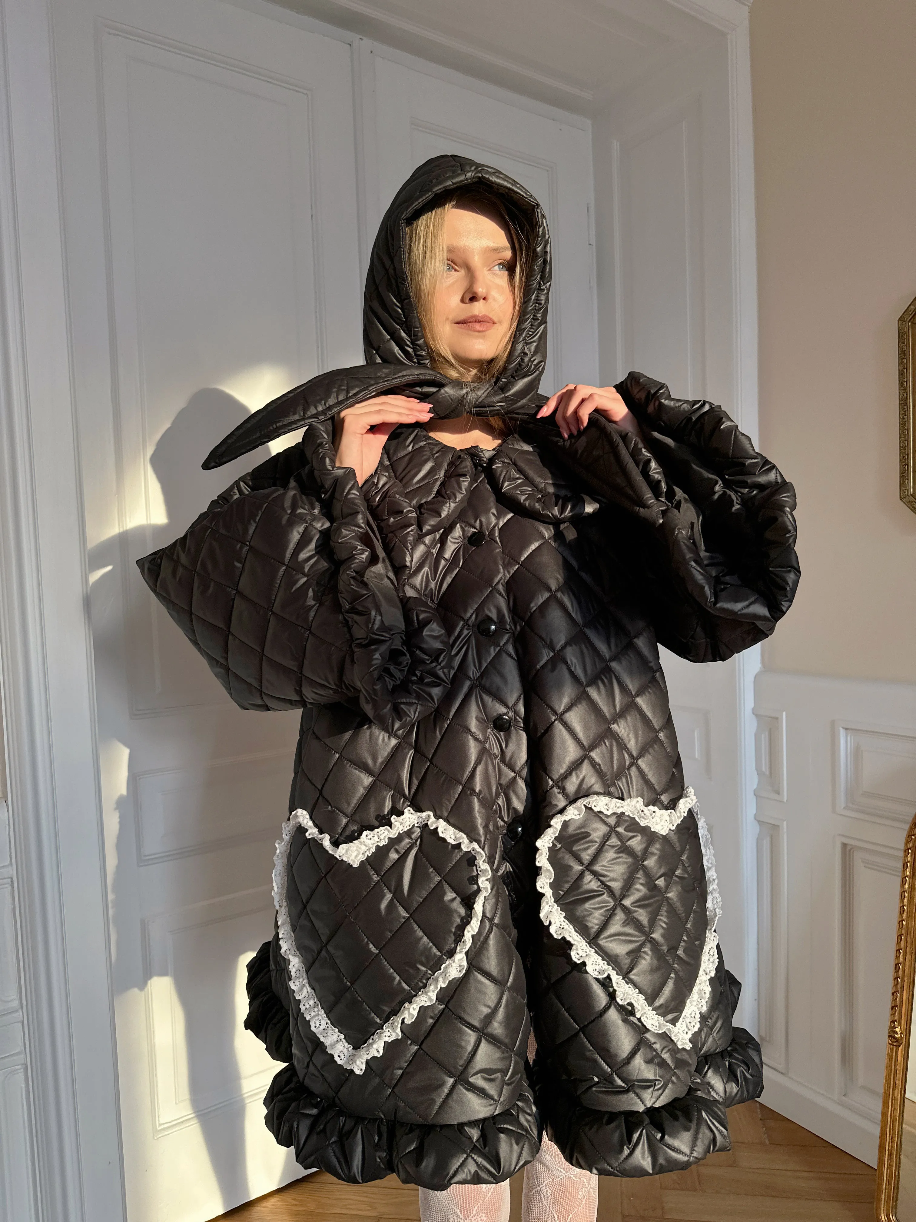 Ruffle Oversized Raincoat in black