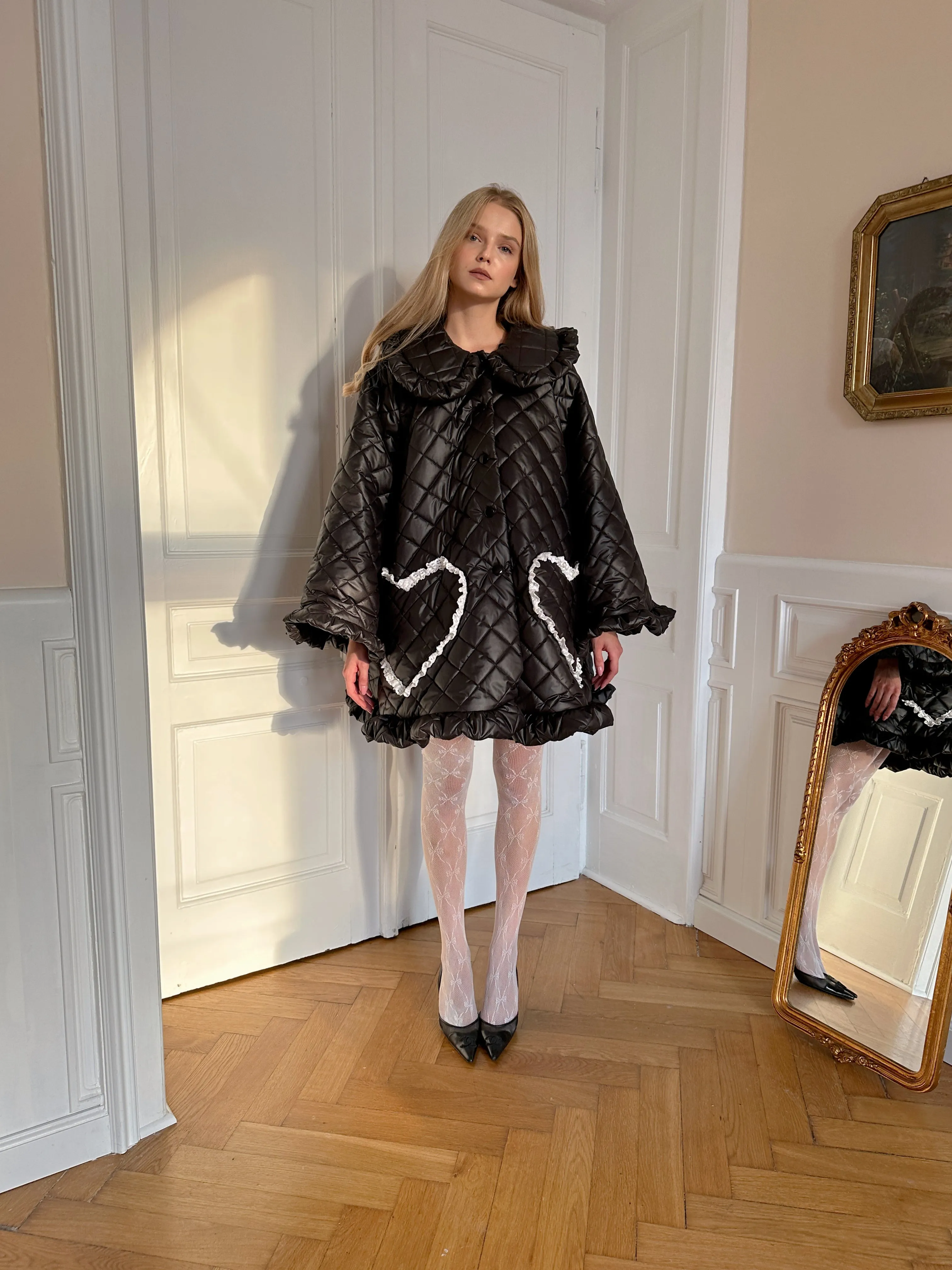 Ruffle Oversized Raincoat in black
