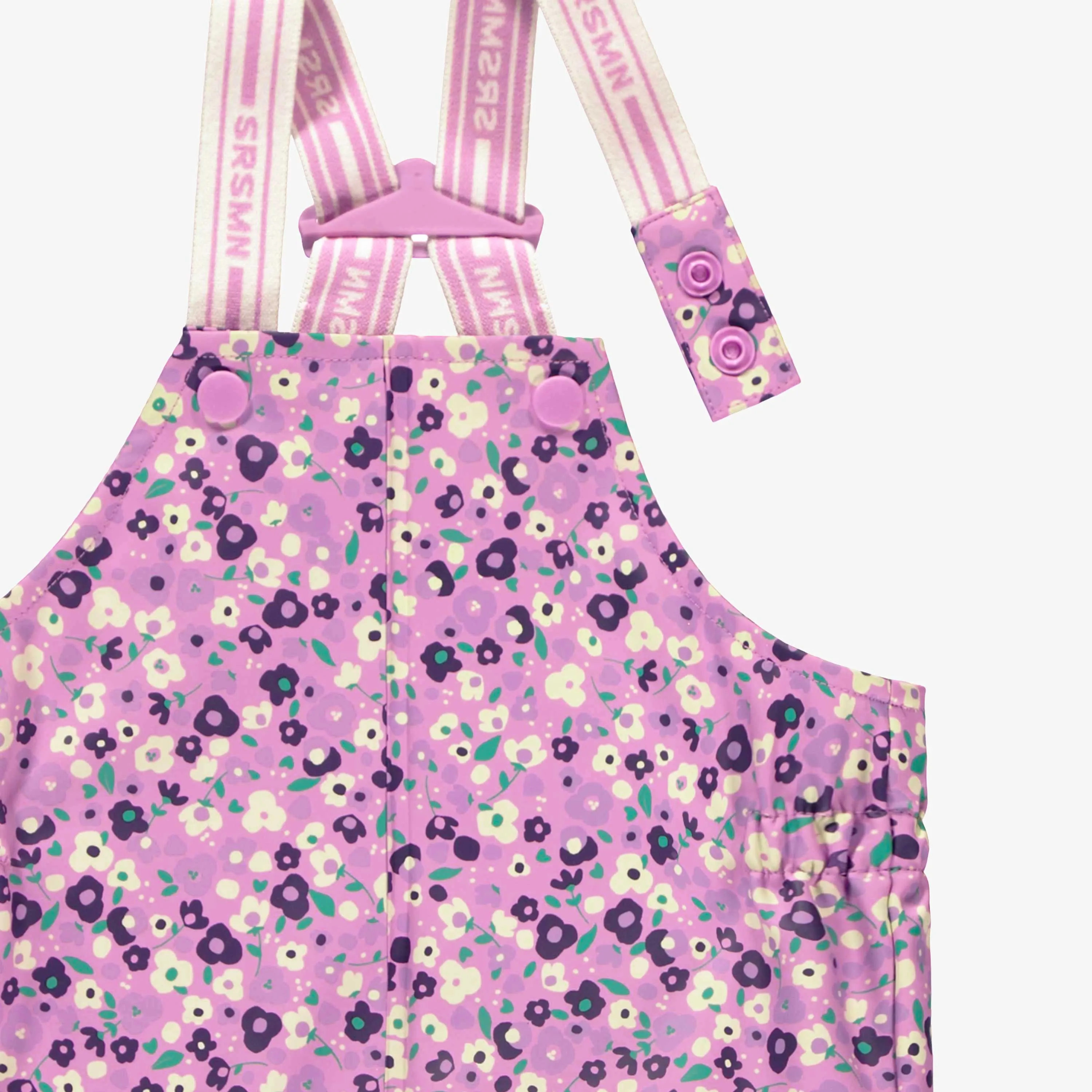 Salopette de pluie mauve en polyuréthane à motifs de fleurs, bébé || Purple polyurethane rain overalls with flower all over print, baby