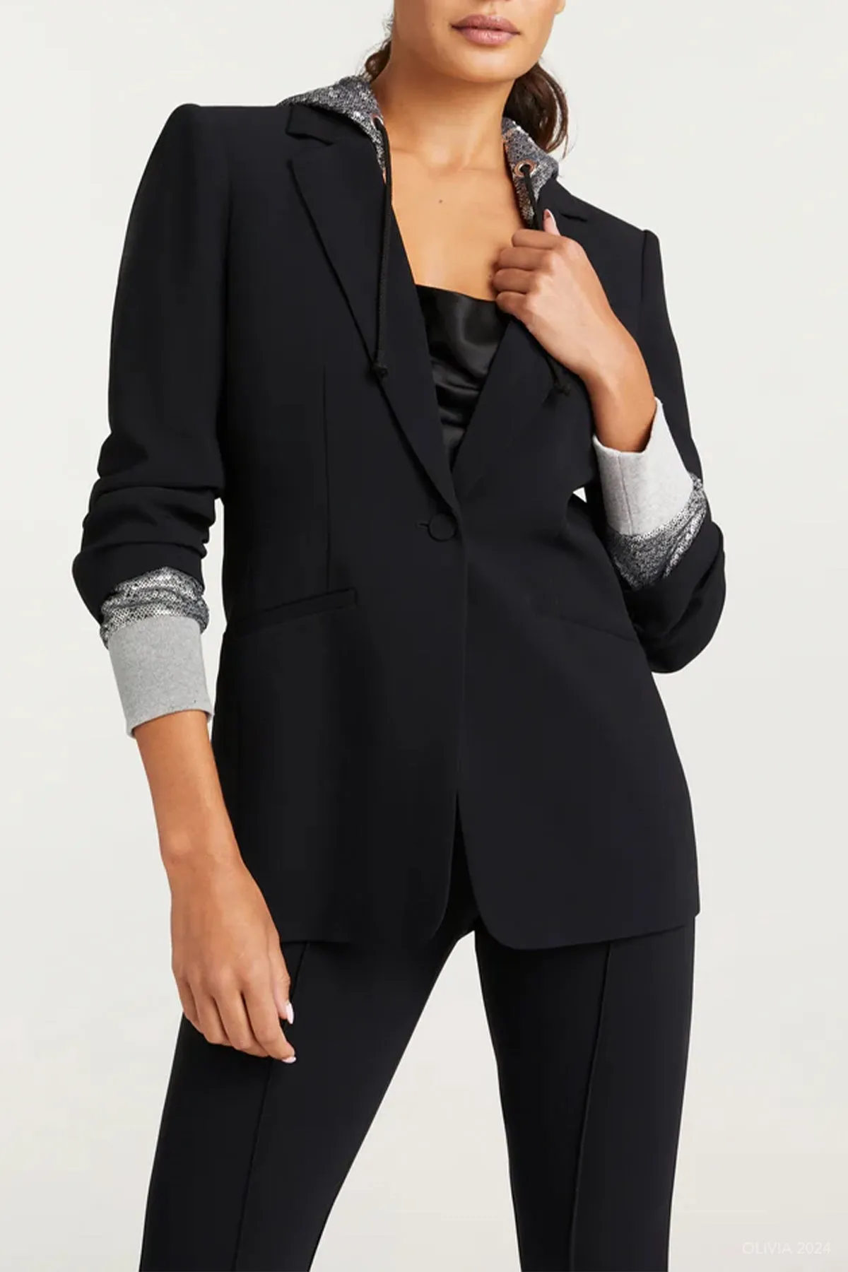 Sequin Hooded Khloe Jacket in Black Silver
