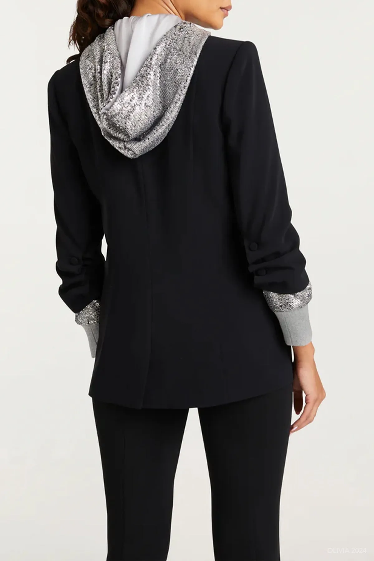 Sequin Hooded Khloe Jacket in Black Silver