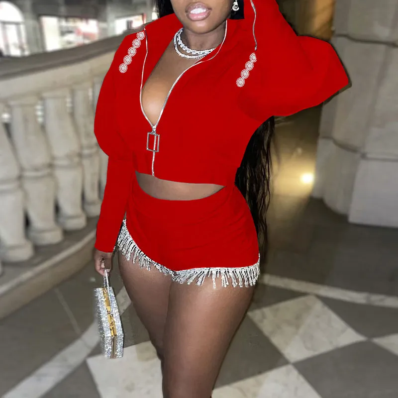 Solid Lantern Sleeve Top & Tassel Design Shorts Set