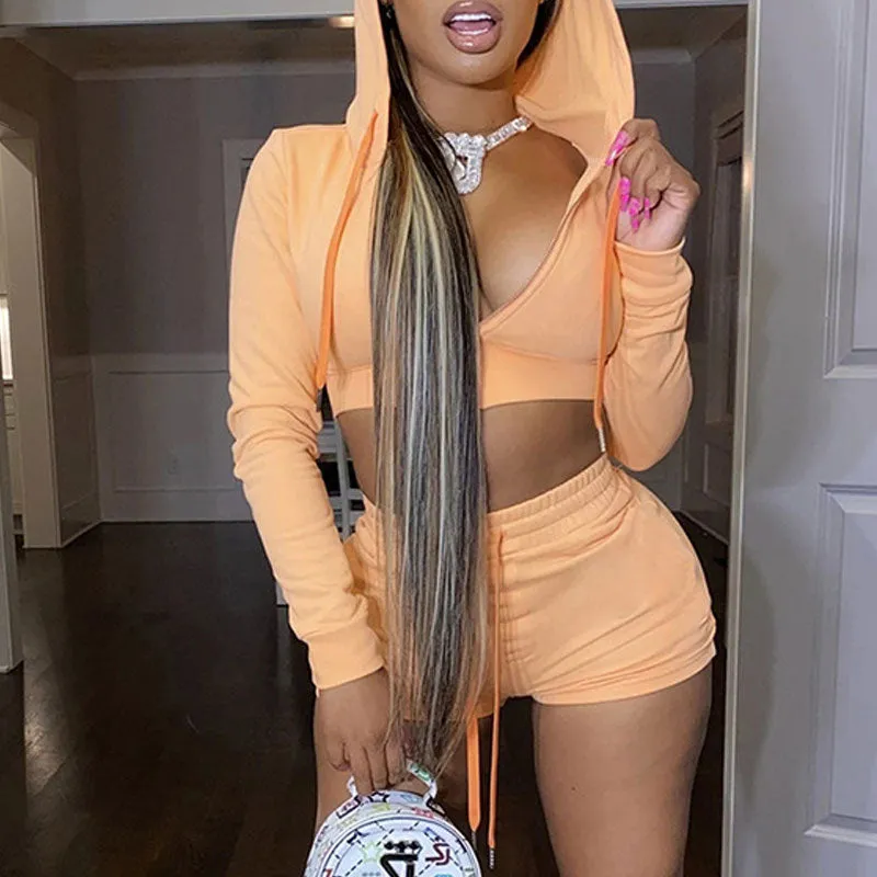 Solid Long Sleeve Hoodie Top & Shorts Set