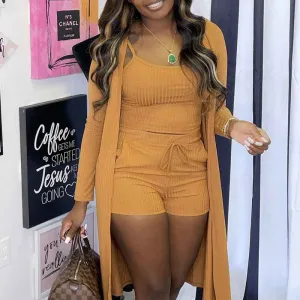 Solid Long Sleeve Ribbed Three Piece Set