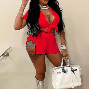 Solid Short Sleeve Tied Blouse & Slit Shorts Set
