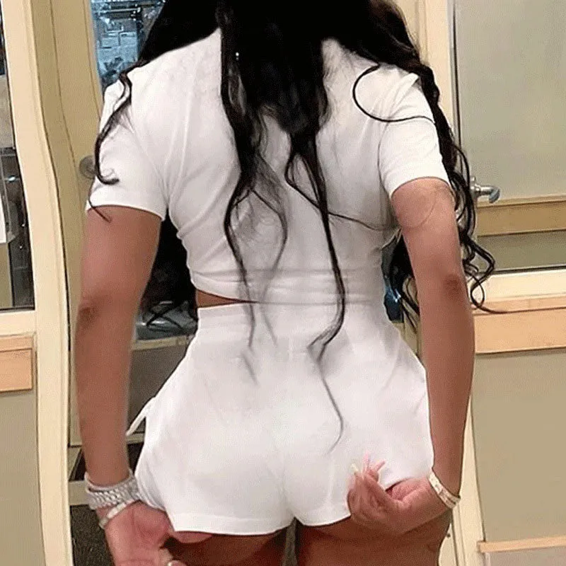 Solid Short Sleeve Tied Blouse & Slit Shorts Set