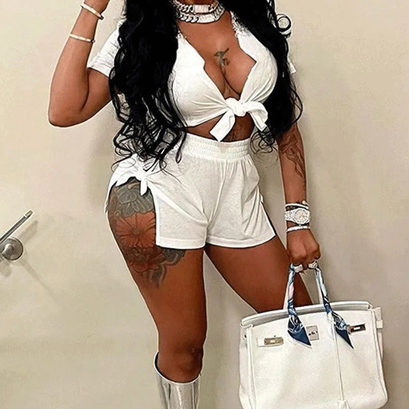 Solid Short Sleeve Tied Blouse & Slit Shorts Set