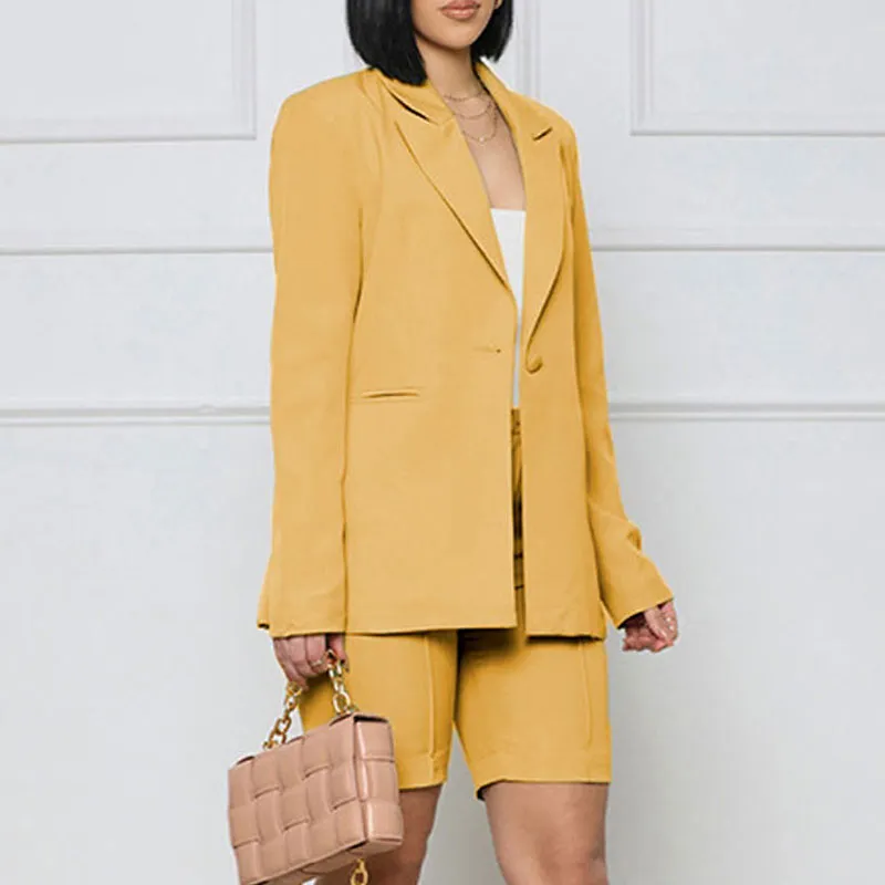 Solid Turndown Neck Long Sleeve Blazer Coat & Shorts Set