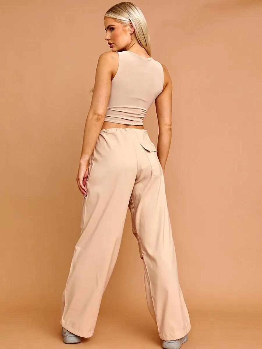 Stone Baggy Balloon Cargo Trousers With Toggle Detail