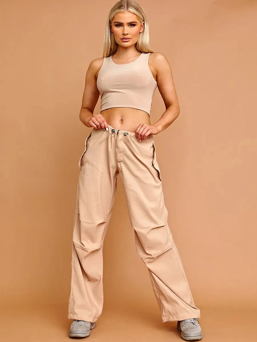 Stone Baggy Balloon Cargo Trousers With Toggle Detail