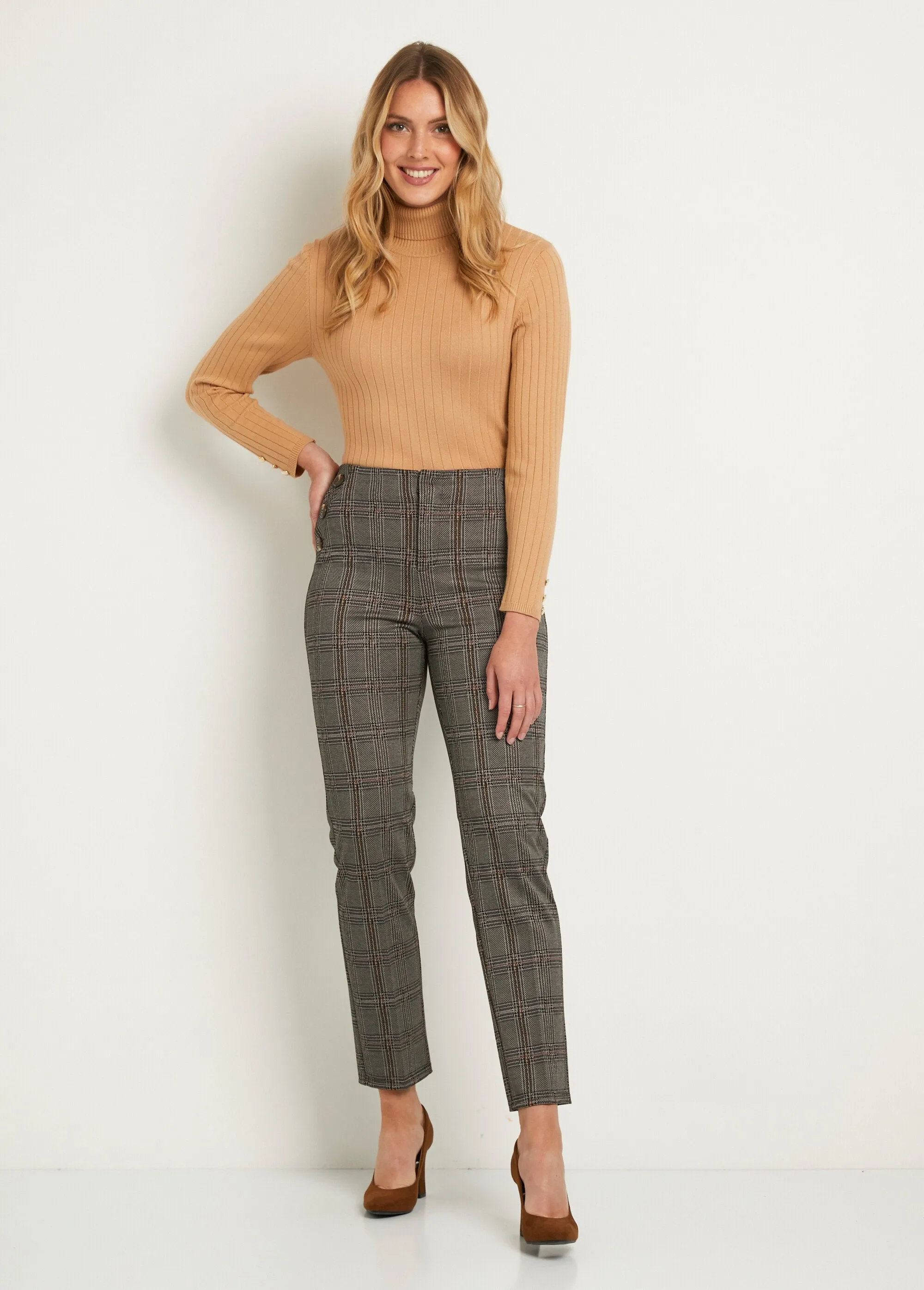 Straight-leg pants, normal waist, plain knit or checked