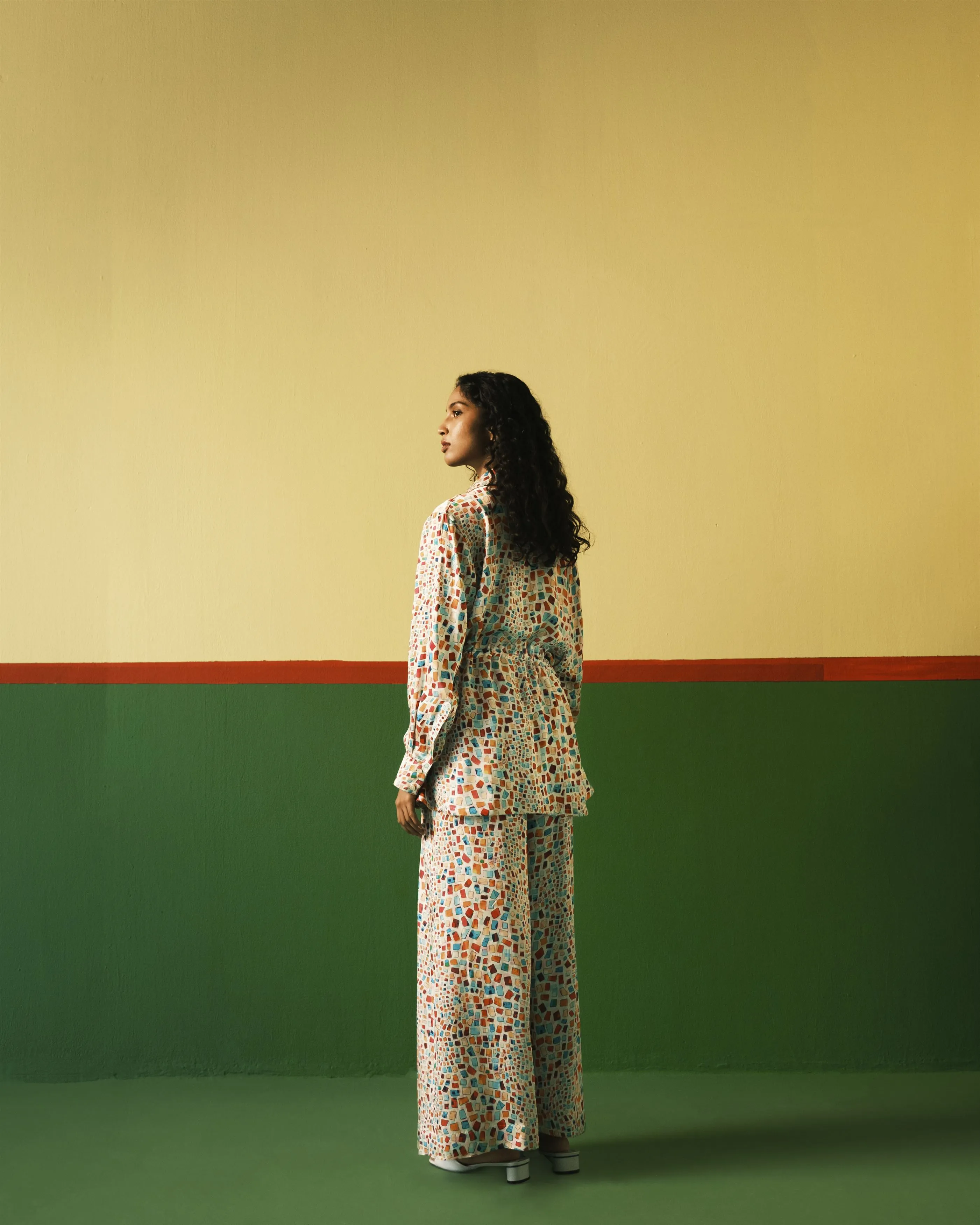 Studio Rigu   I   Crystal Tassle Shirt Digitally Printed Vegan Silk Crystal Digital Print Srch046