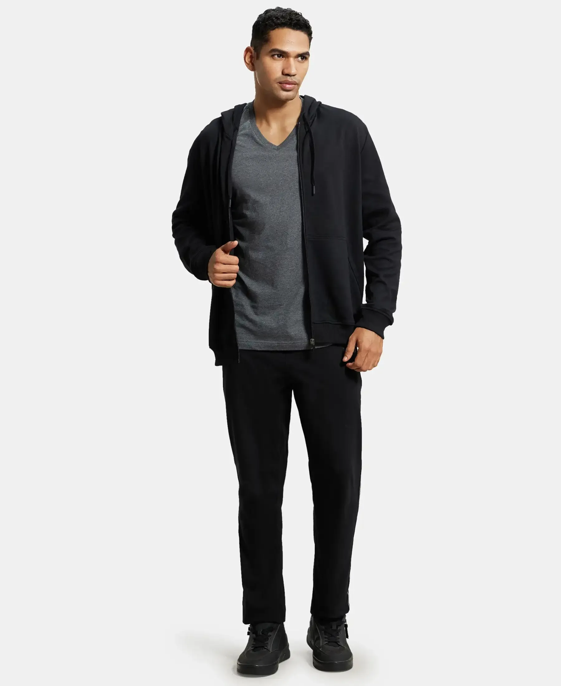 Super Combed Cotton Rich Pique Hoodie Jacket with Ribbed Cuffs - Black