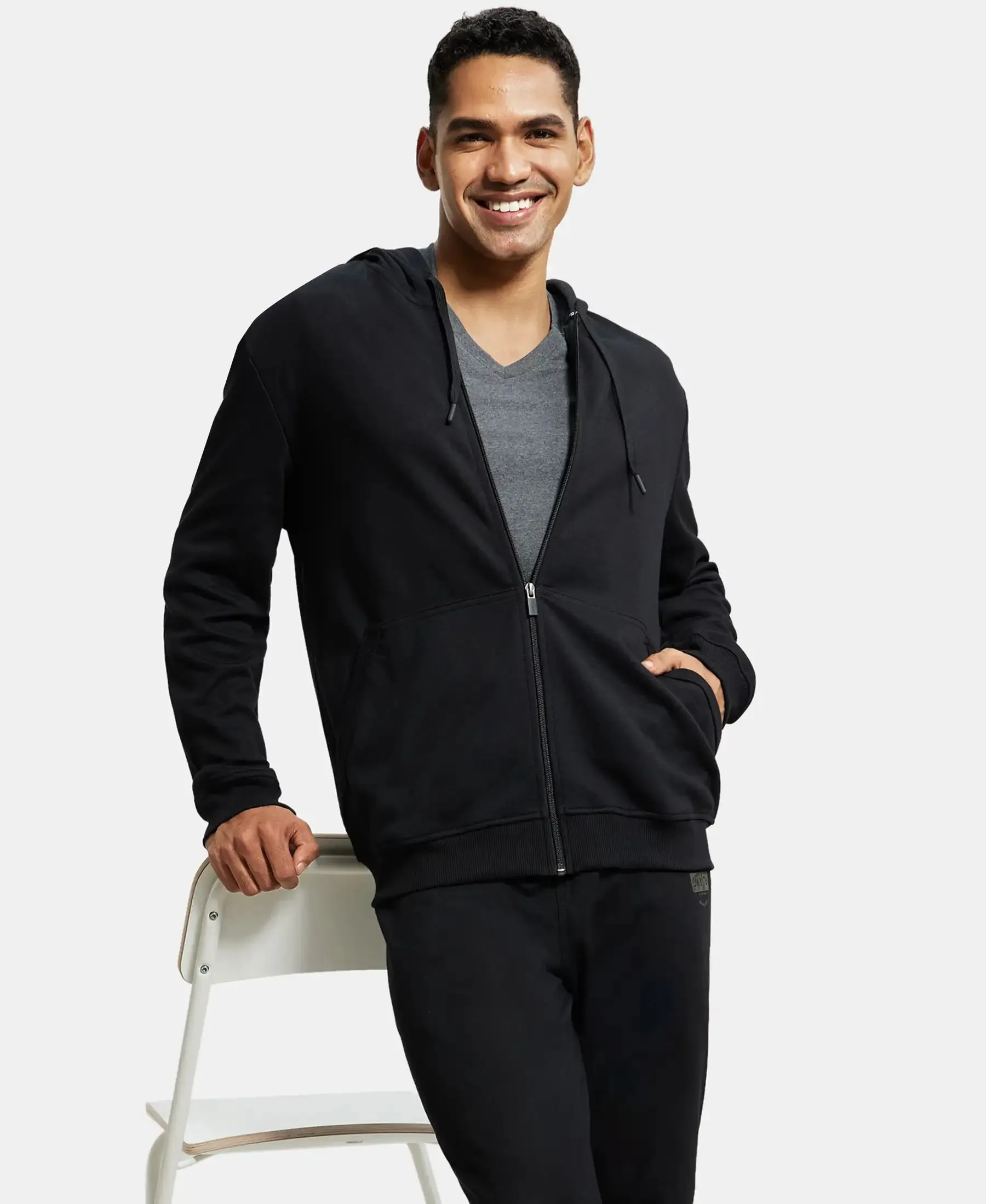 Super Combed Cotton Rich Pique Hoodie Jacket with Ribbed Cuffs - Black