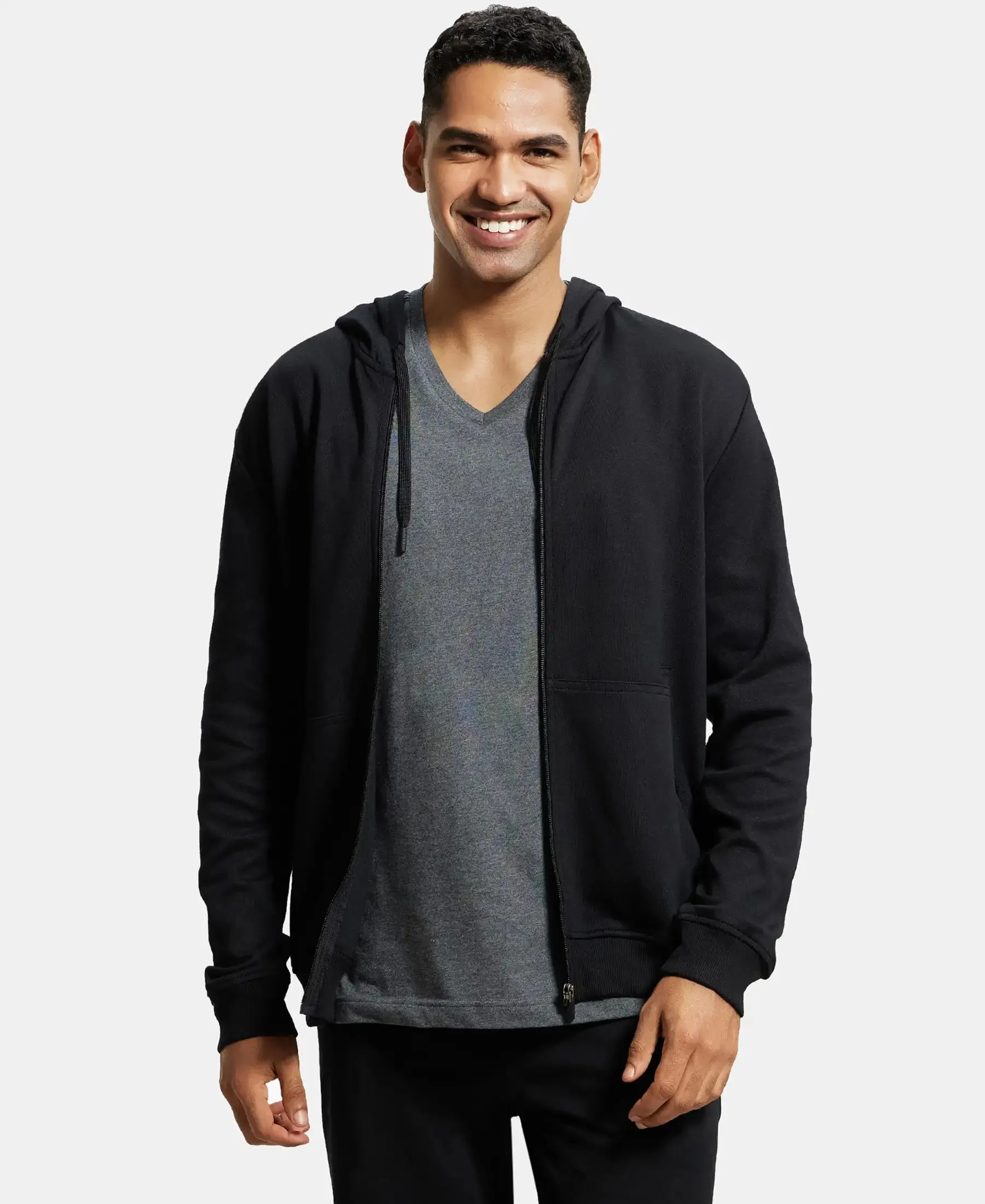 Super Combed Cotton Rich Pique Hoodie Jacket with Ribbed Cuffs - Black