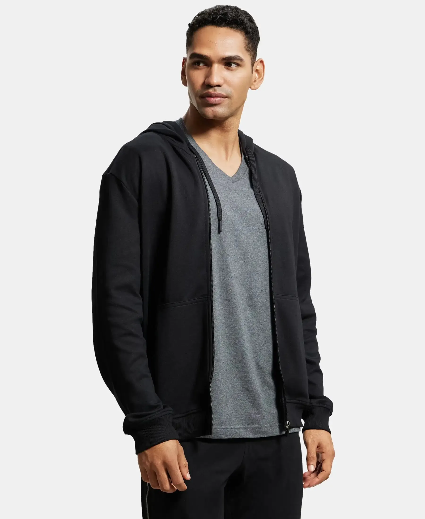 Super Combed Cotton Rich Pique Hoodie Jacket with Ribbed Cuffs - Black